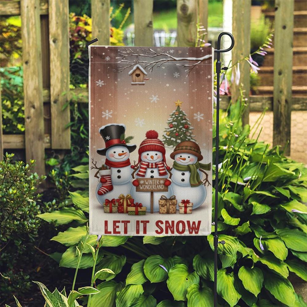 Christmas Garden Flag – Snowman Family with Tree and Gifts Winter Yard Decor