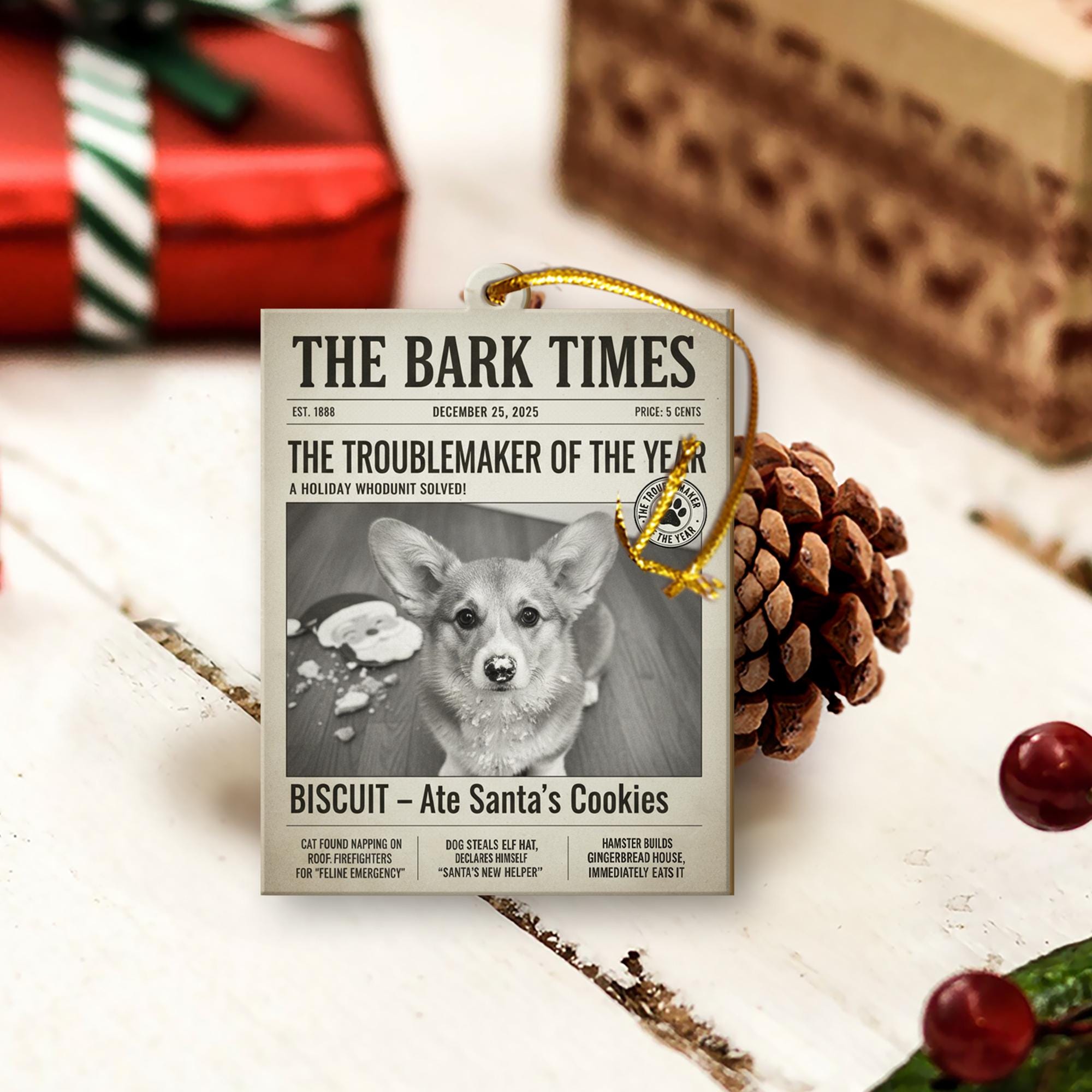 Personalized Dog Ornament – Custom Pet Photo Newspaper Christmas Decoration