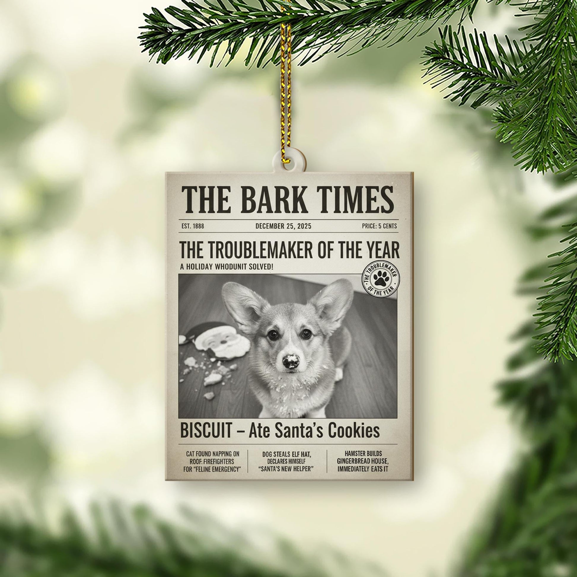 Personalized Dog Ornament – Custom Pet Photo Newspaper Christmas Decoration