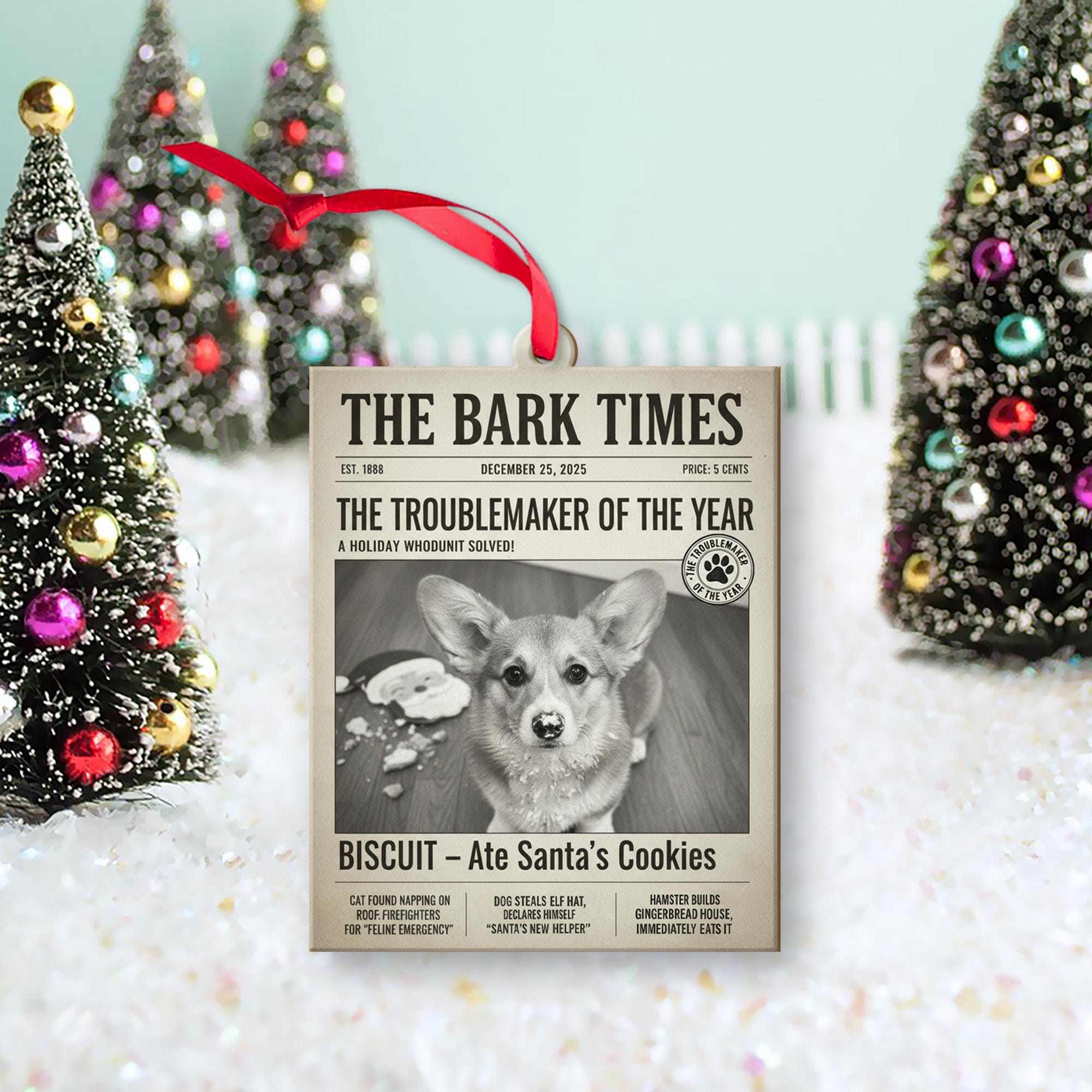 Personalized Dog Ornament – Custom Pet Photo Newspaper Christmas Decoration