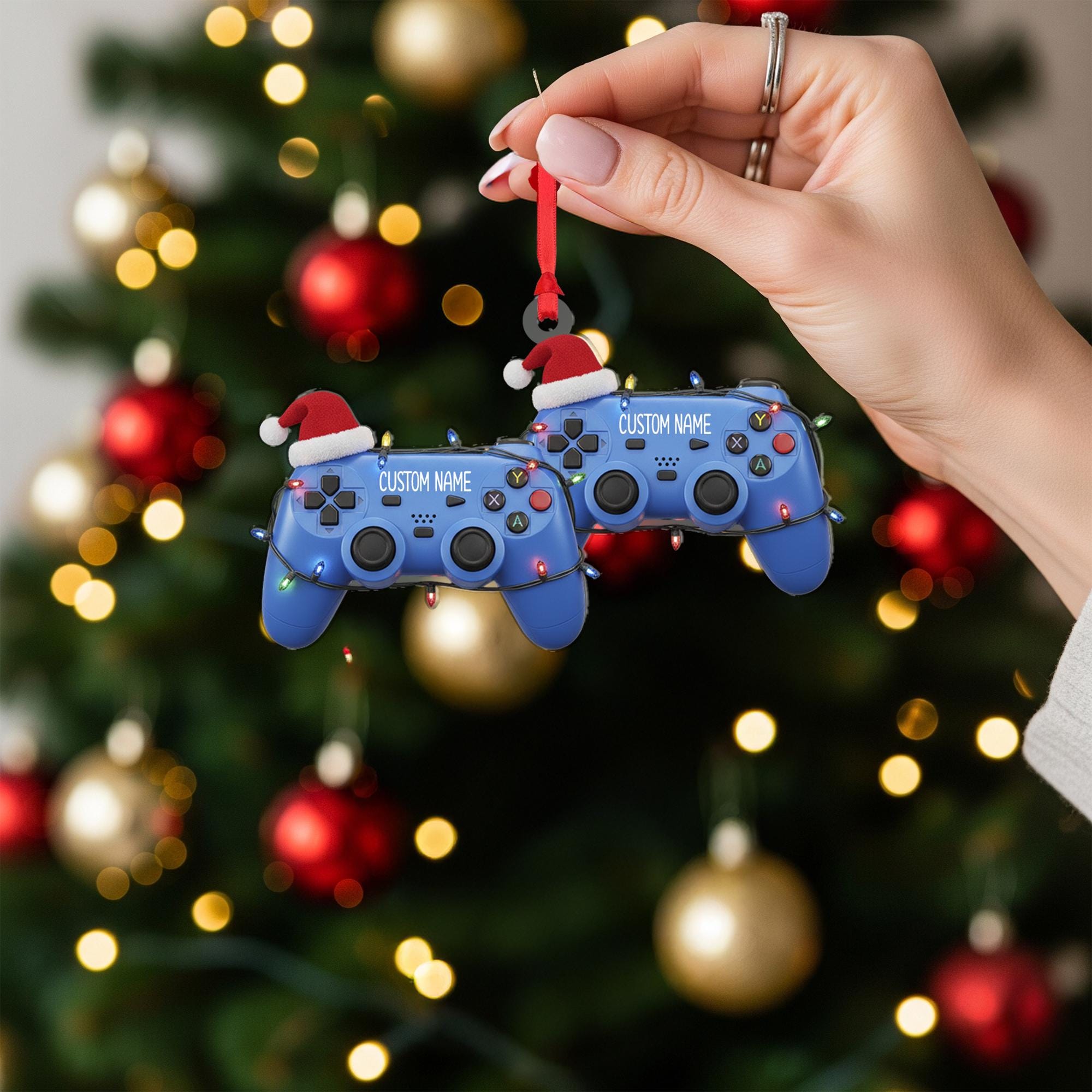 Custom Name Gamer Ornament – Game Controller with Santa Hat and Holiday Lights