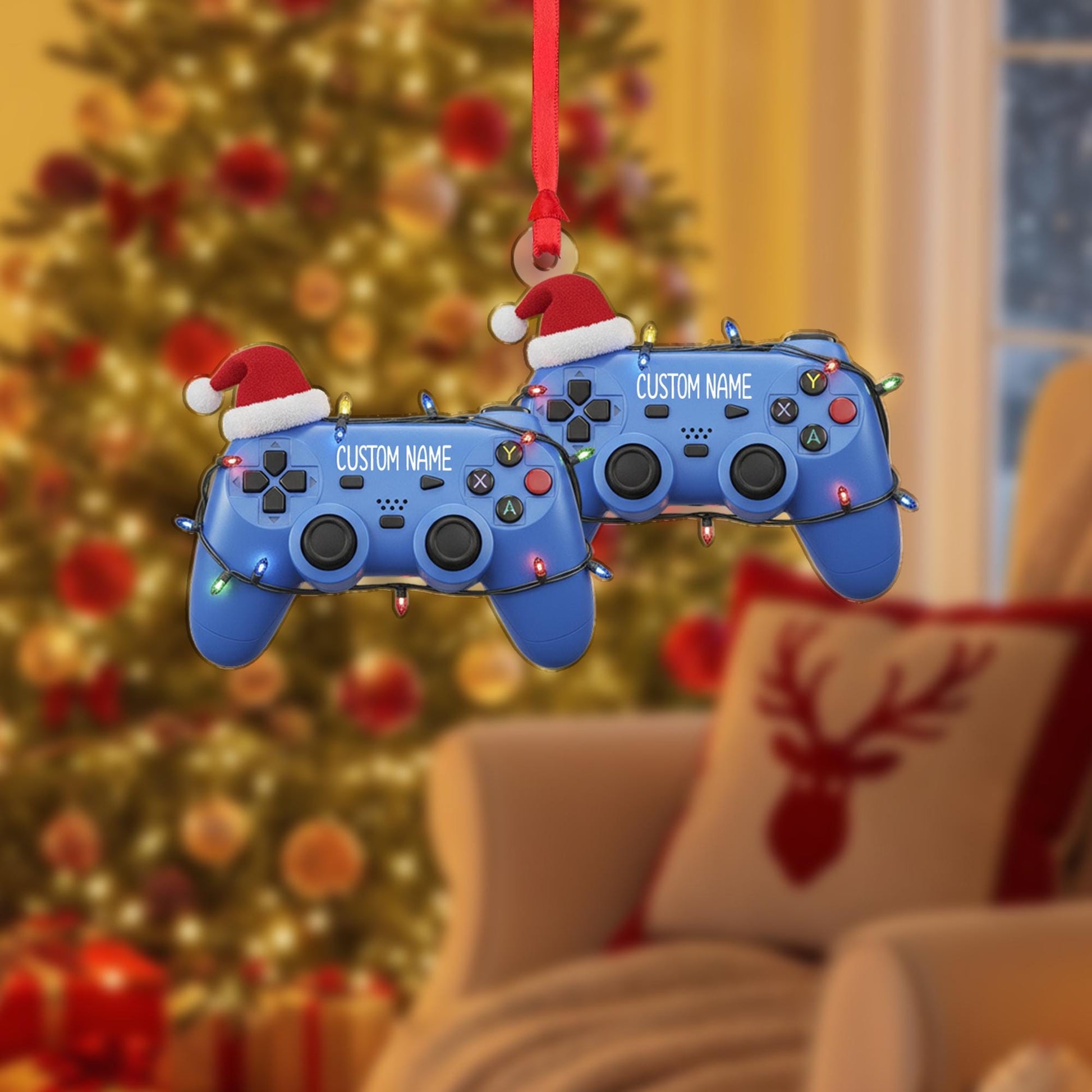 Custom Name Gamer Ornament – Game Controller with Santa Hat and Holiday Lights