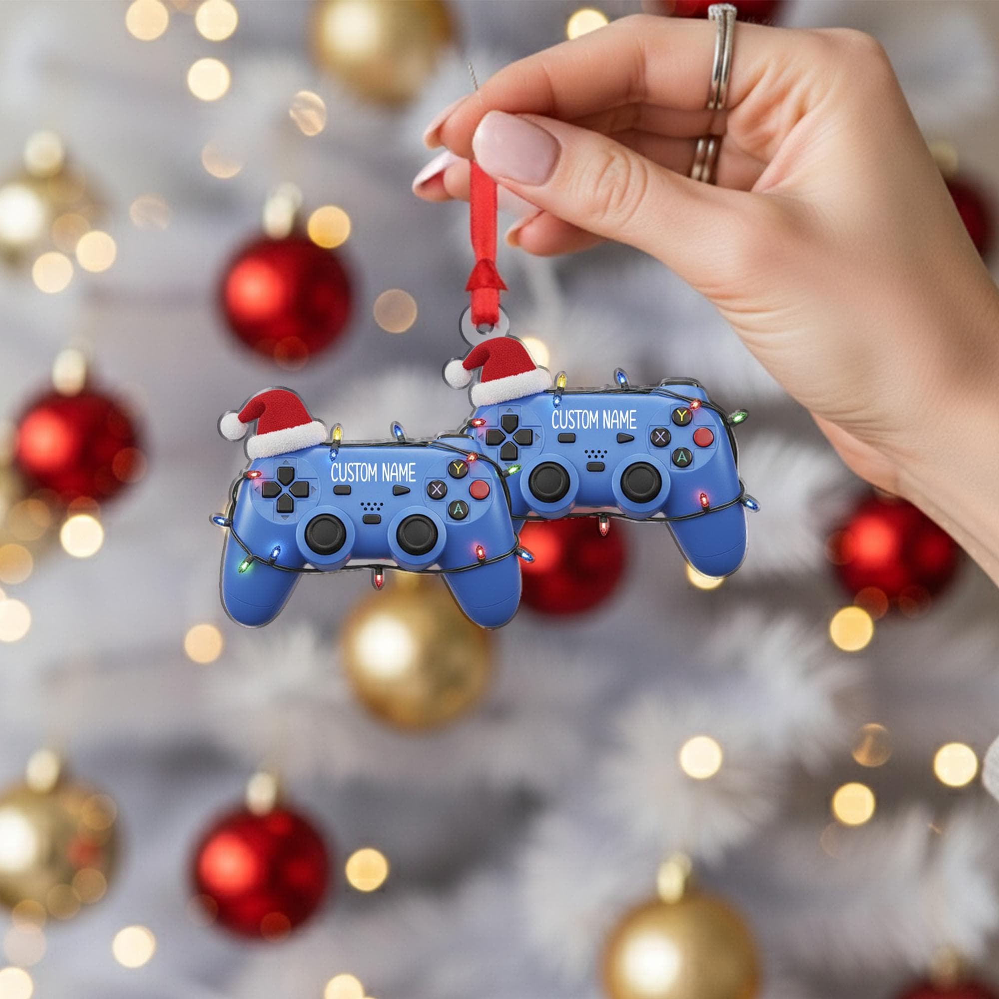 Custom Name Gamer Ornament – Game Controller with Santa Hat and Holiday Lights