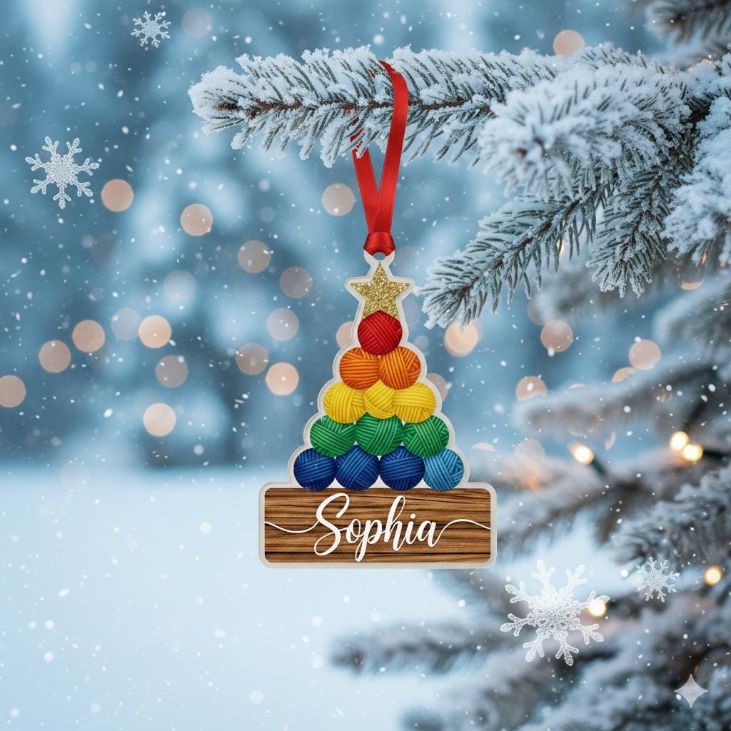 Personalized Yarn Ornament – Christmas Tree Decoration with Knitting Theme and Name