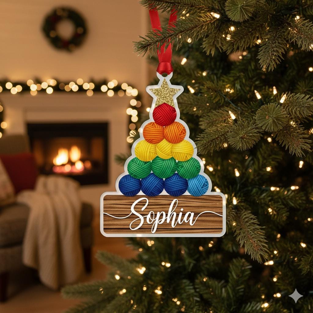 Personalized Yarn Ornament – Christmas Tree Decoration with Knitting Theme and Name