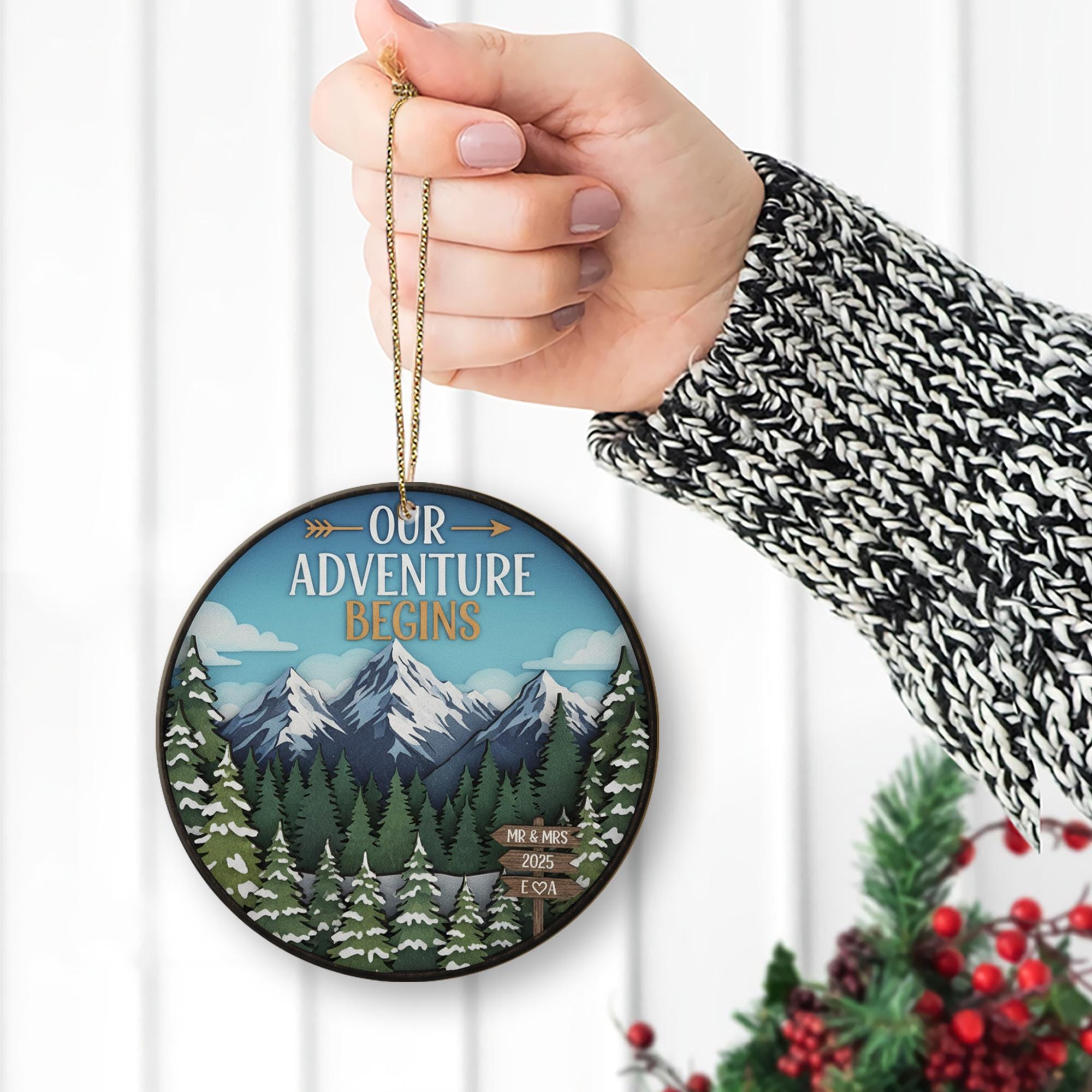 Personalized Adventure Ornament 2025 – Round Mountain Scene Christmas Decoration, Custom Couple Keepsake
