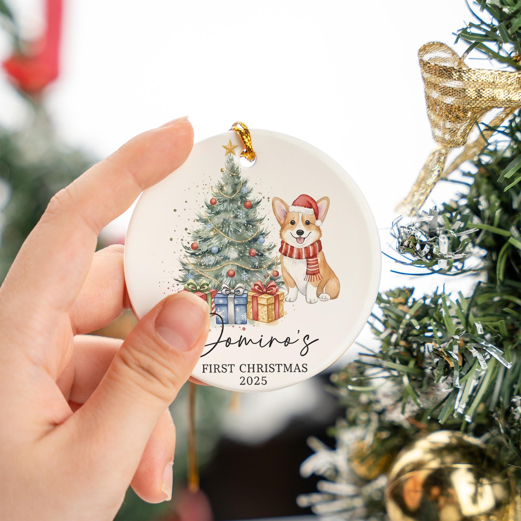Personalized Dog Christmas Ornament – First Christmas 2025 Ceramic Tree Decoration with Gifts