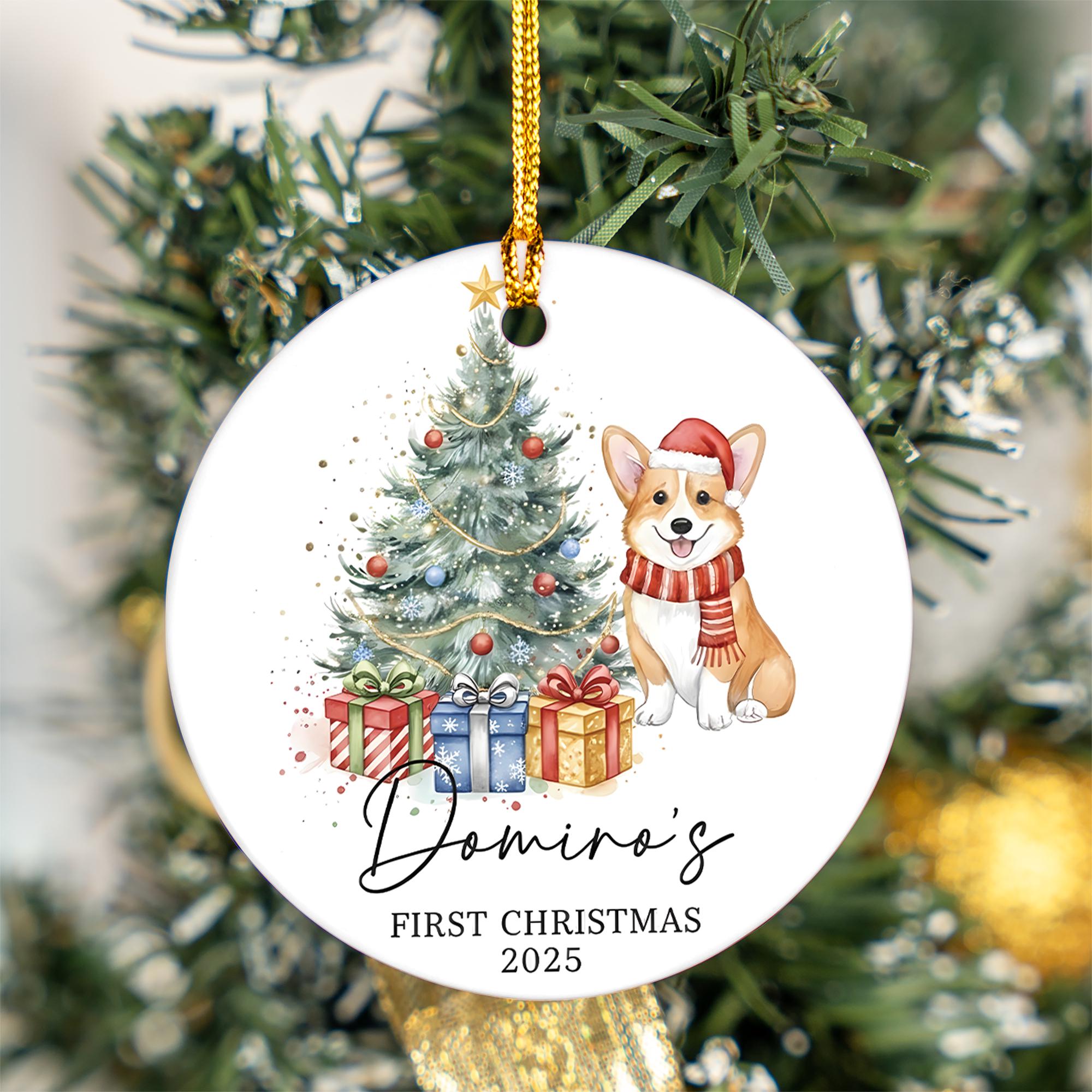 Personalized Dog Christmas Ornament – First Christmas 2025 Ceramic Tree Decoration with Gifts