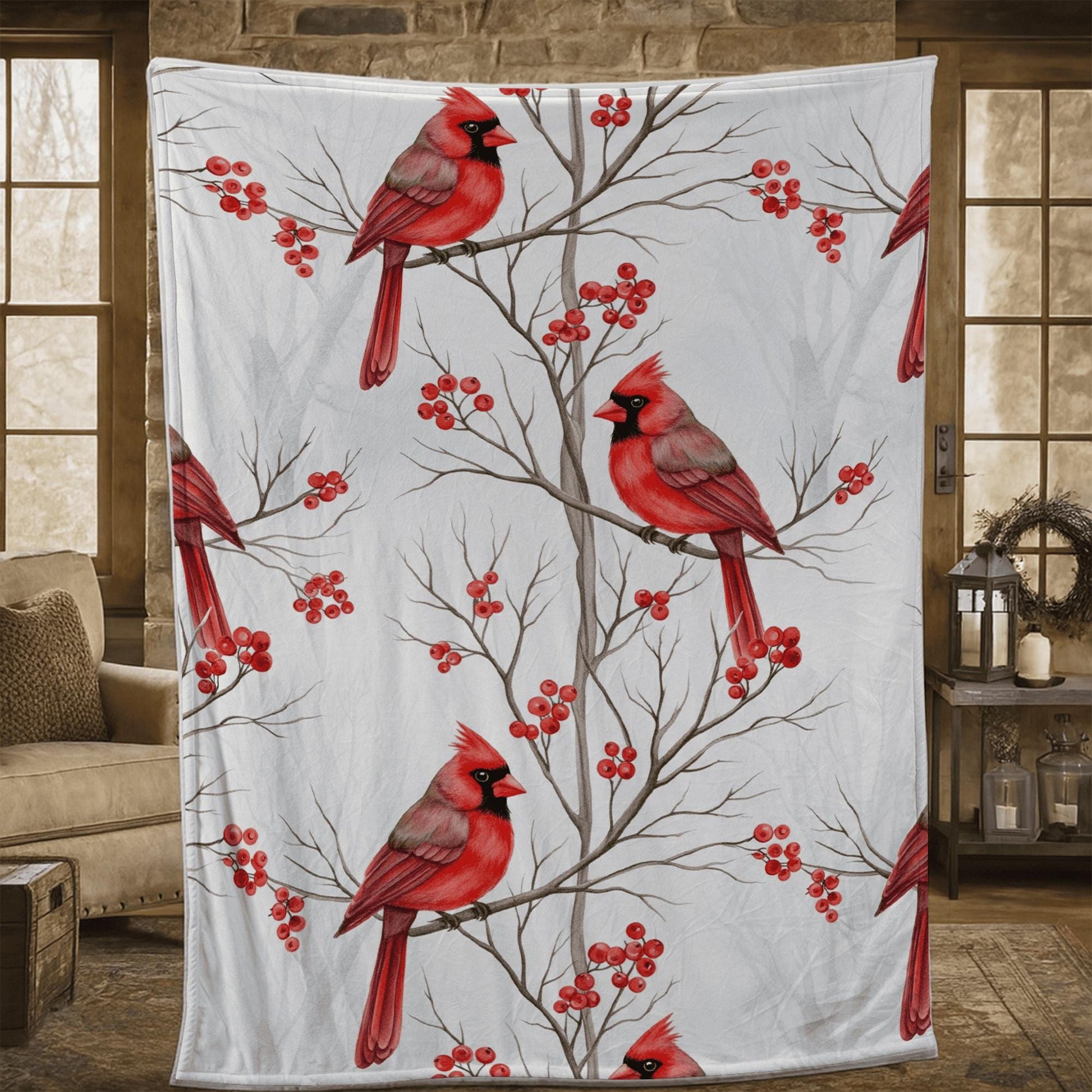 Cardinal Fleece Blanket: Red Bird and Berry Winter Throw