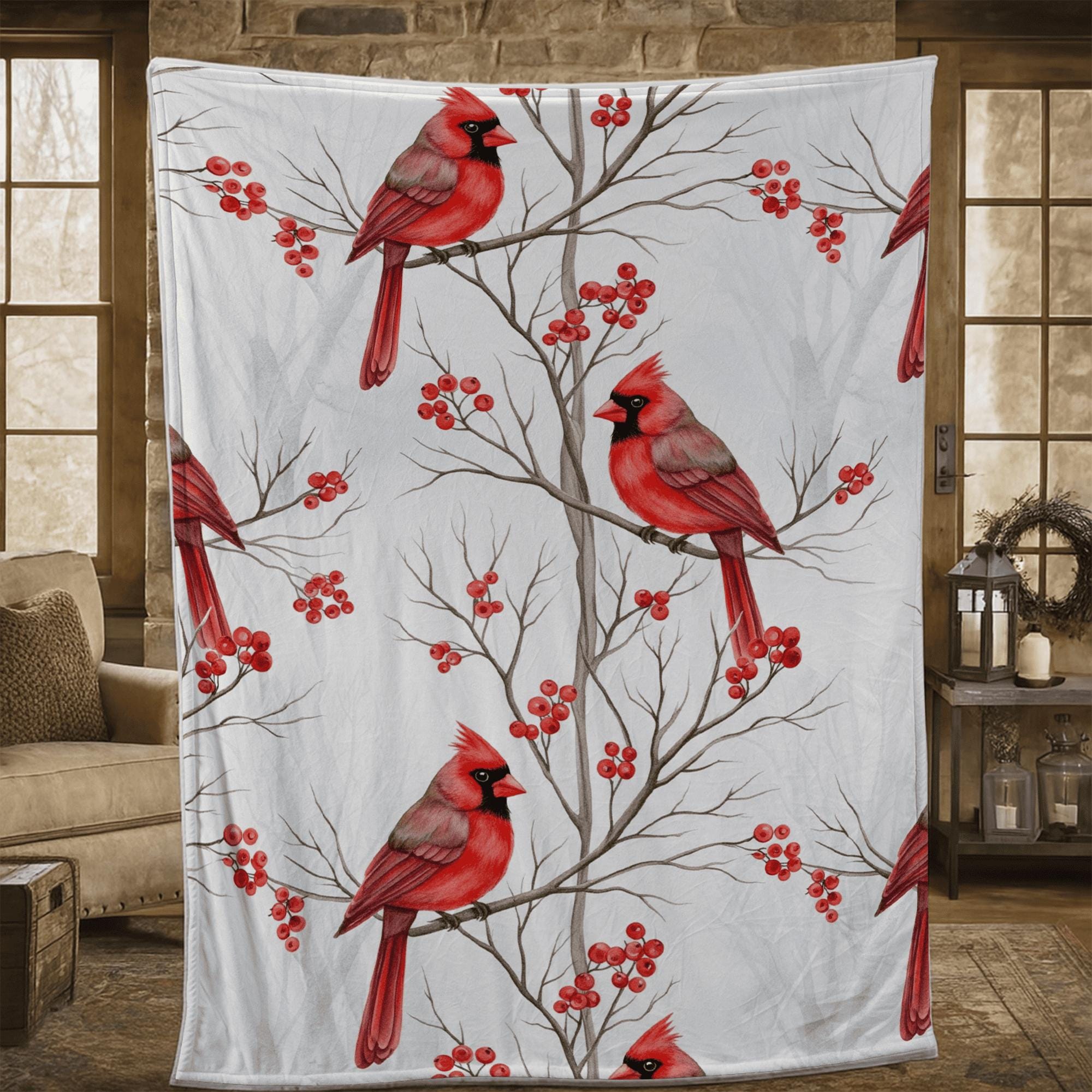 Cardinal Fleece Blanket: Red Bird and Berry Winter Throw