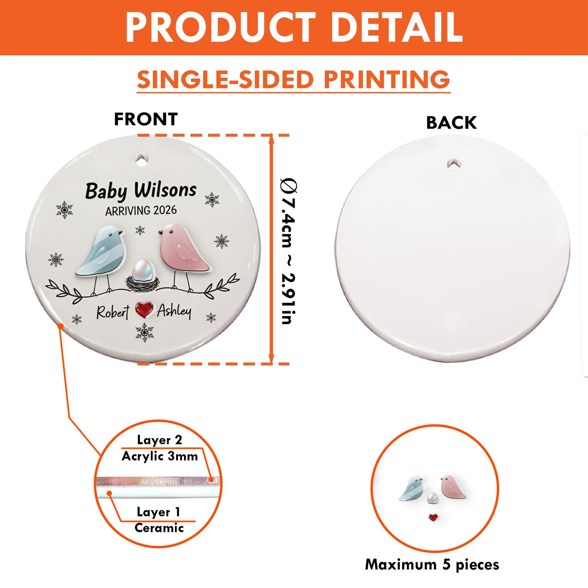 Personalized Baby Announcement Ornament: Custom Ceramic & Acrylic, Birds Design