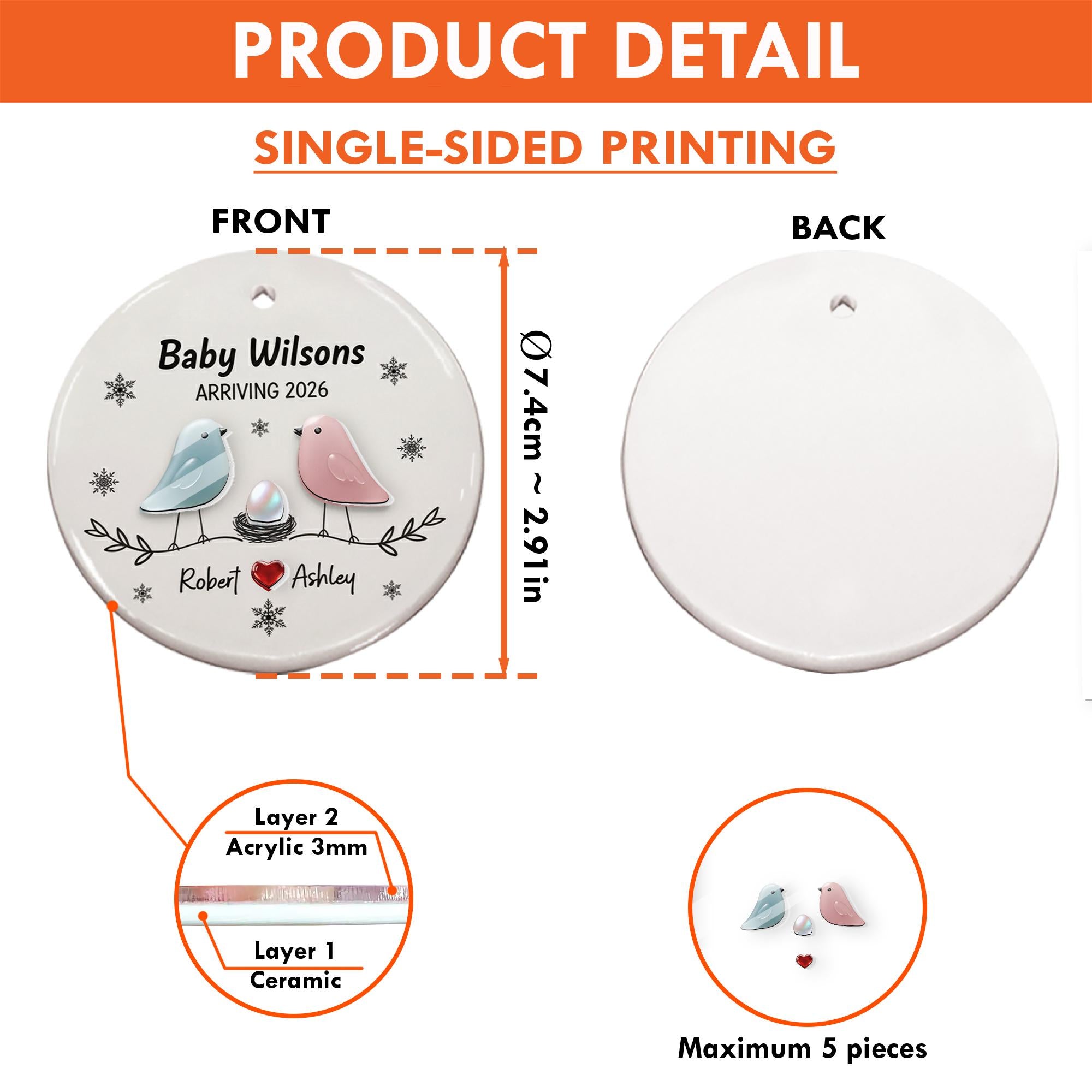 Personalized Baby Announcement Ornament: Custom Ceramic & Acrylic, Birds Design