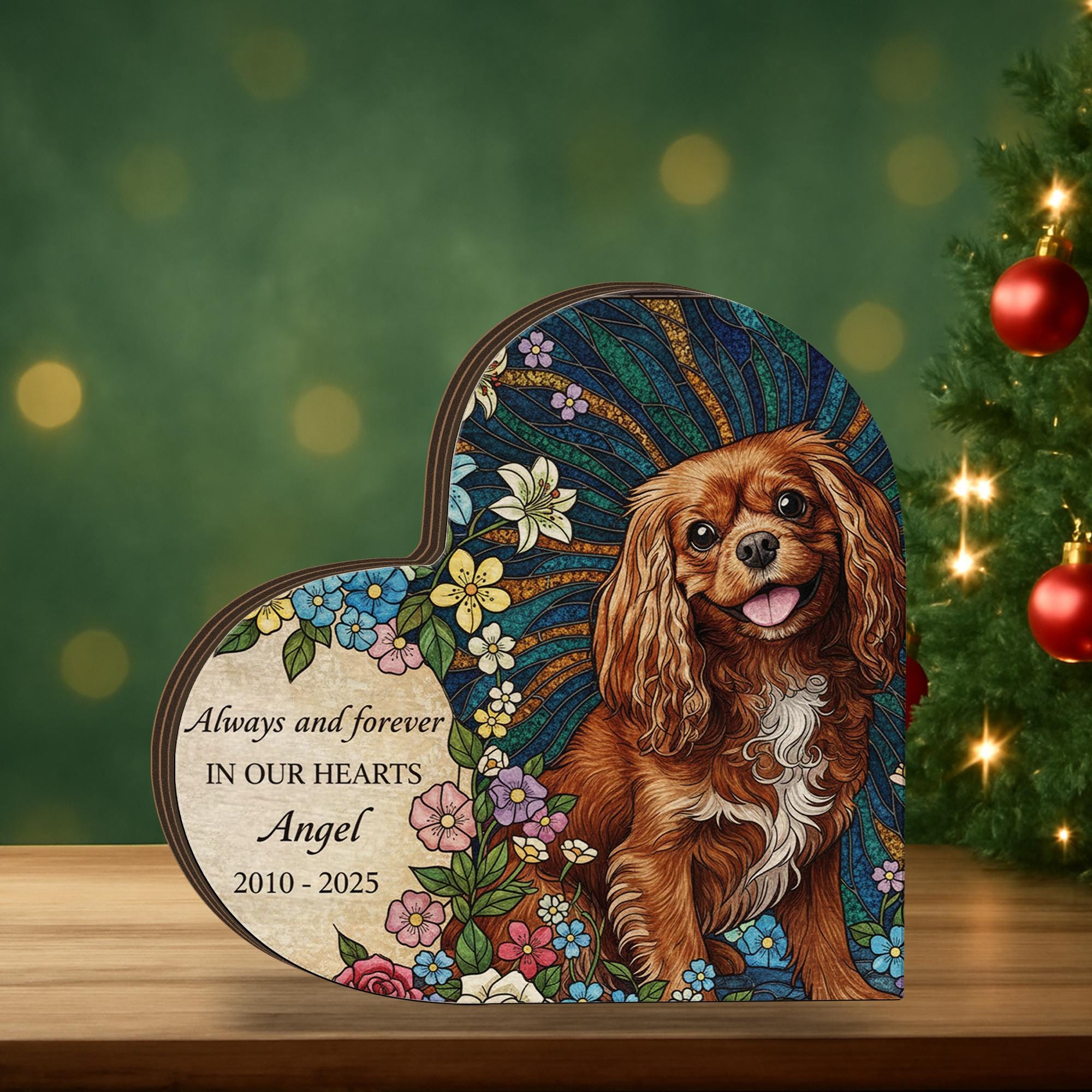 Personalized Pet Memorial: Custom Photo Floral Wooden Heart