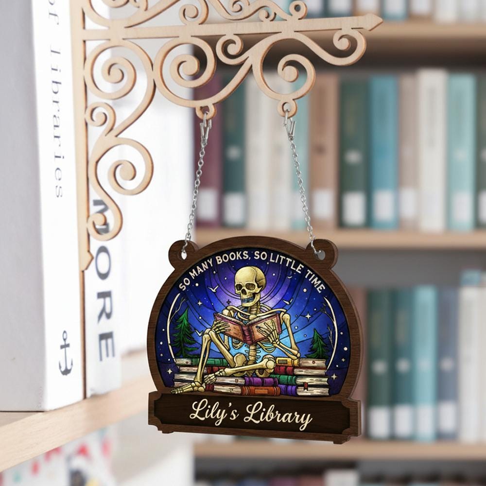 Custom Wooden Bookshelf Sign Personalized Library Hanging Decor Reading Room Display