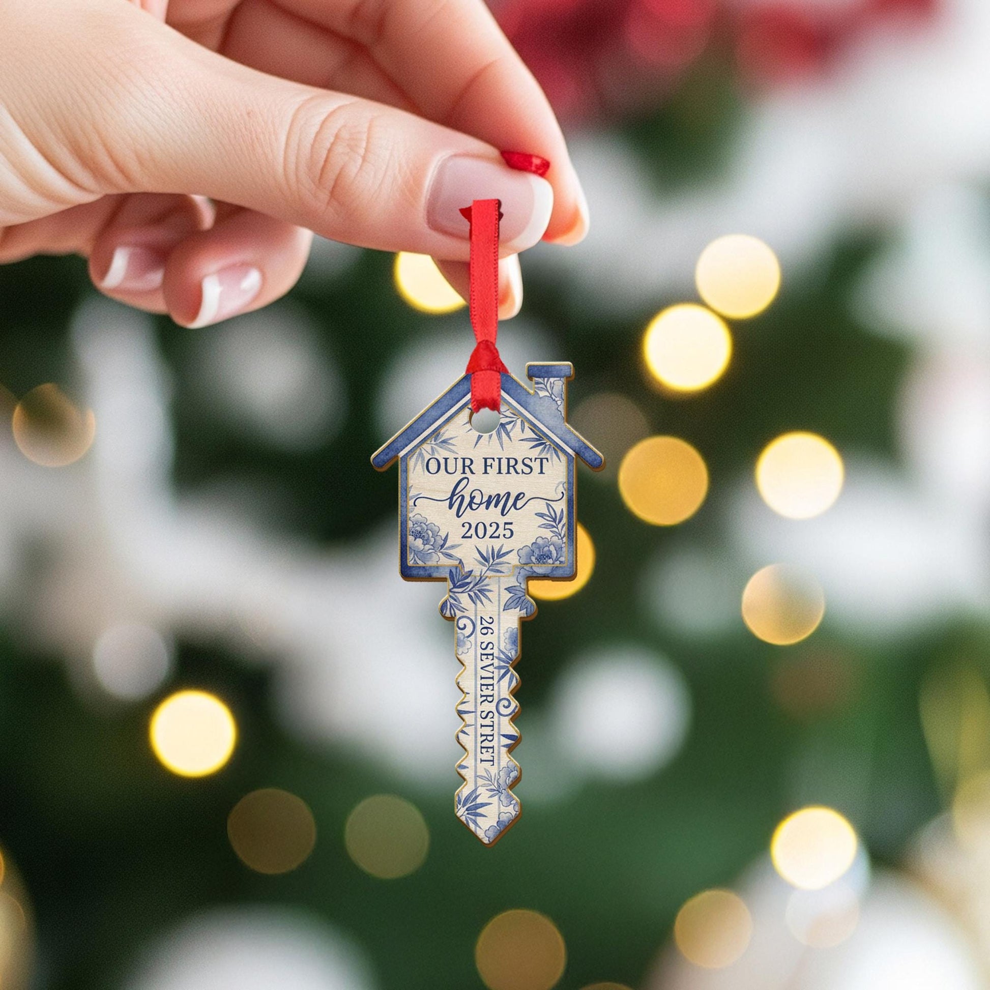 Our First Home Ornament 2025 – Personalized Wooden Key Keepsake