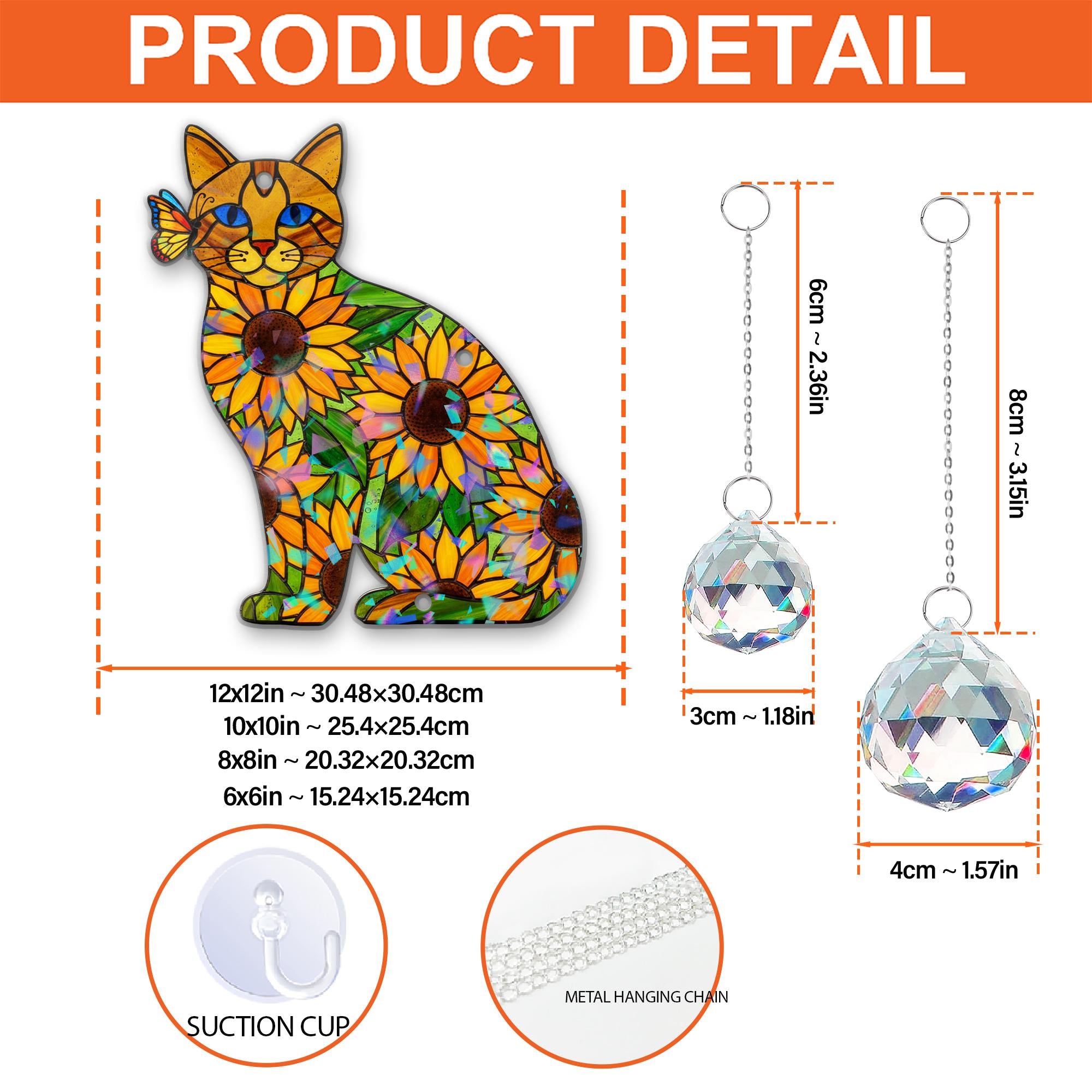 Holographic Cat Suncatcher Acrylic Window Decor with Crystal Charm Sunflower Design