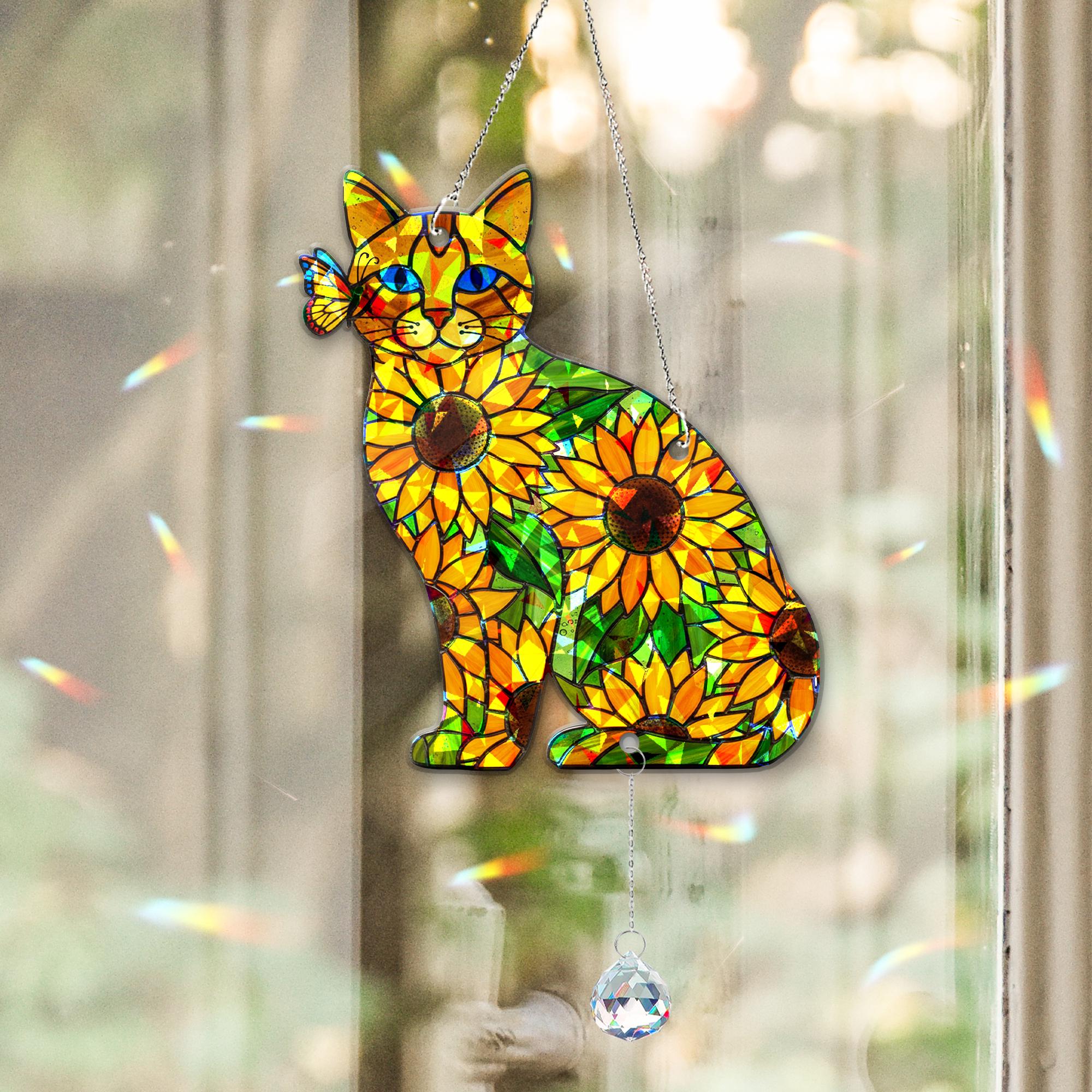 Holographic Cat Suncatcher Acrylic Window Decor with Crystal Charm Sunflower Design