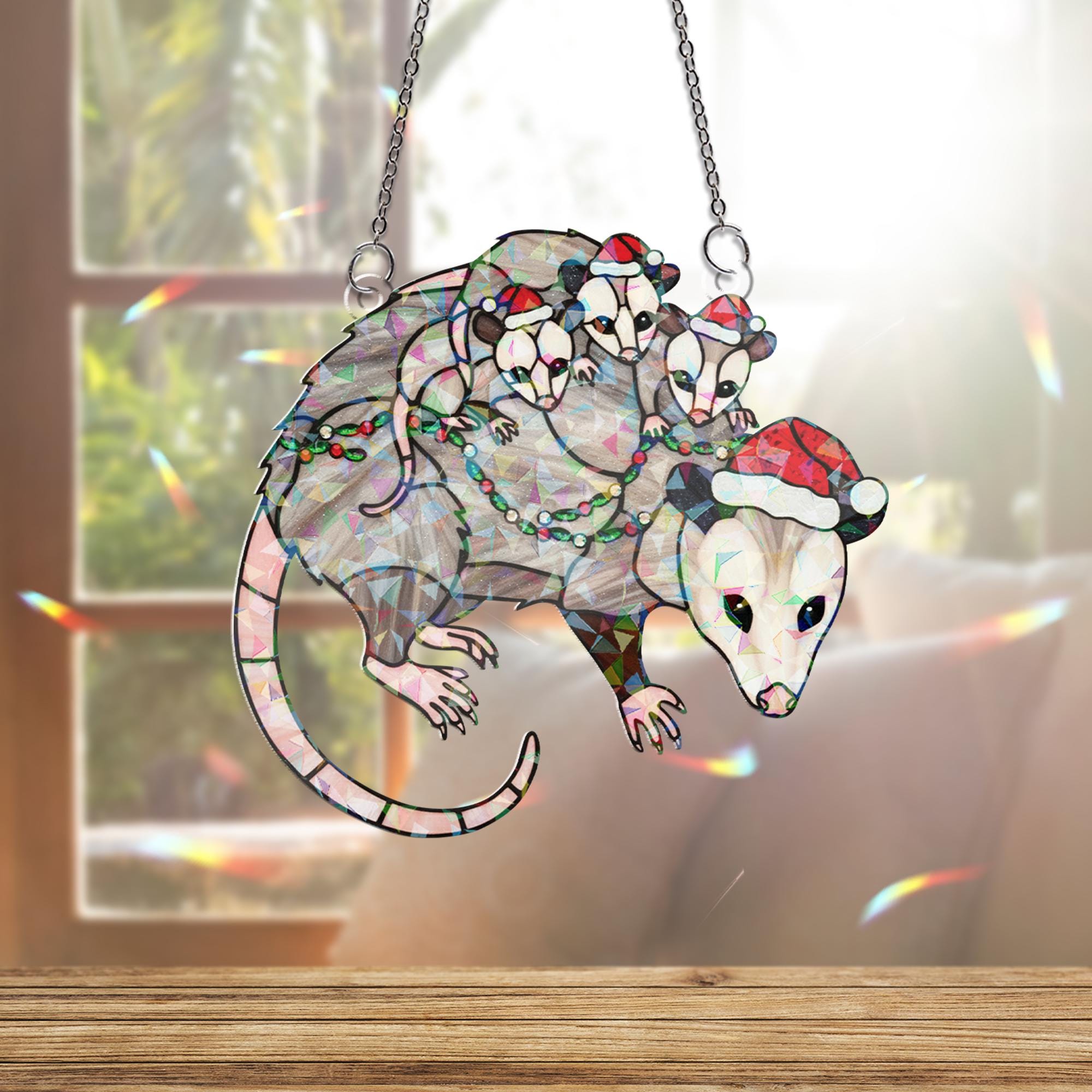 Possum Family Suncatcher – Holographic Christmas Window Hanging Decor