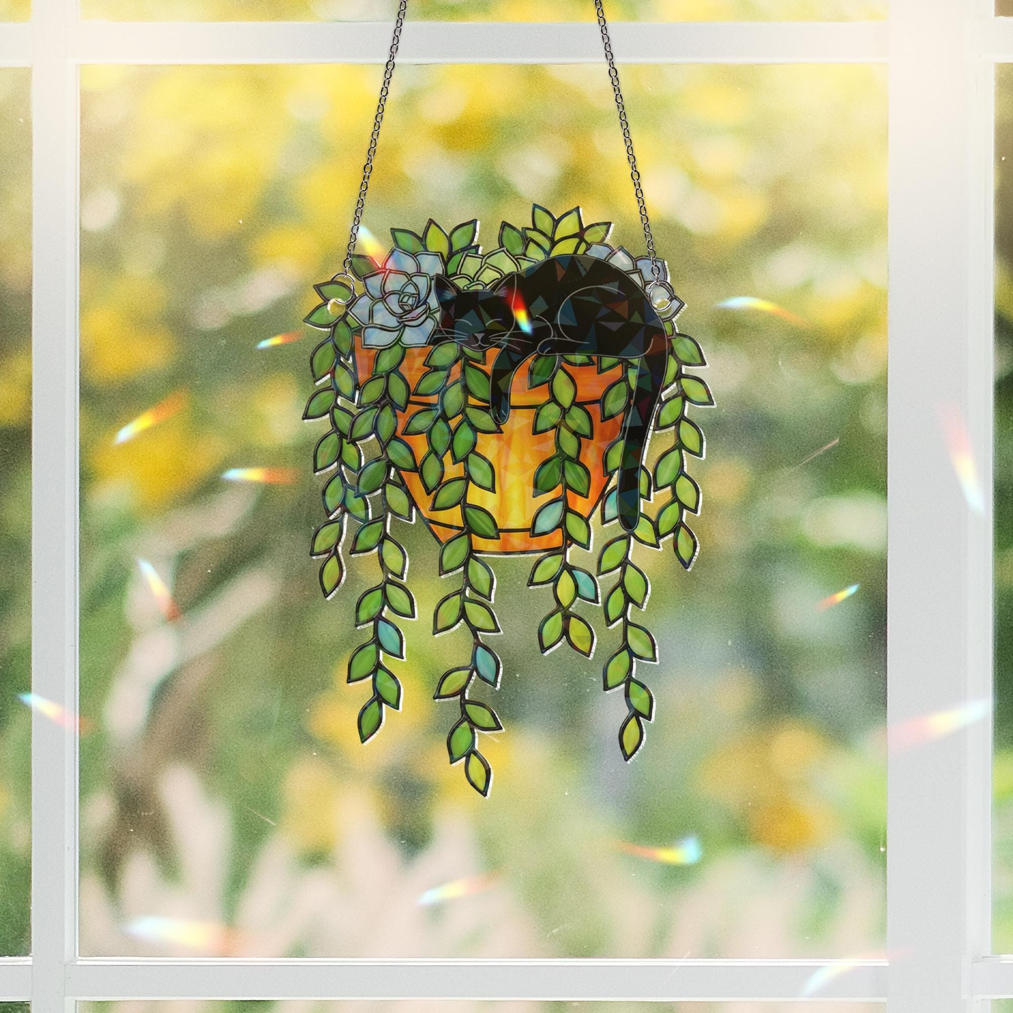 Black Cat Succulent Suncatcher – Holographic Window Decor for Cat Lovers