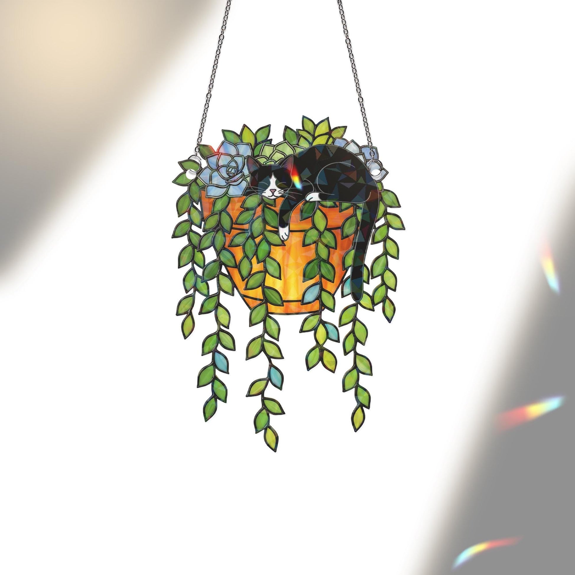 Tuxedo Cat Succulent Suncatcher – Holographic Window Hanging for Cat Lovers