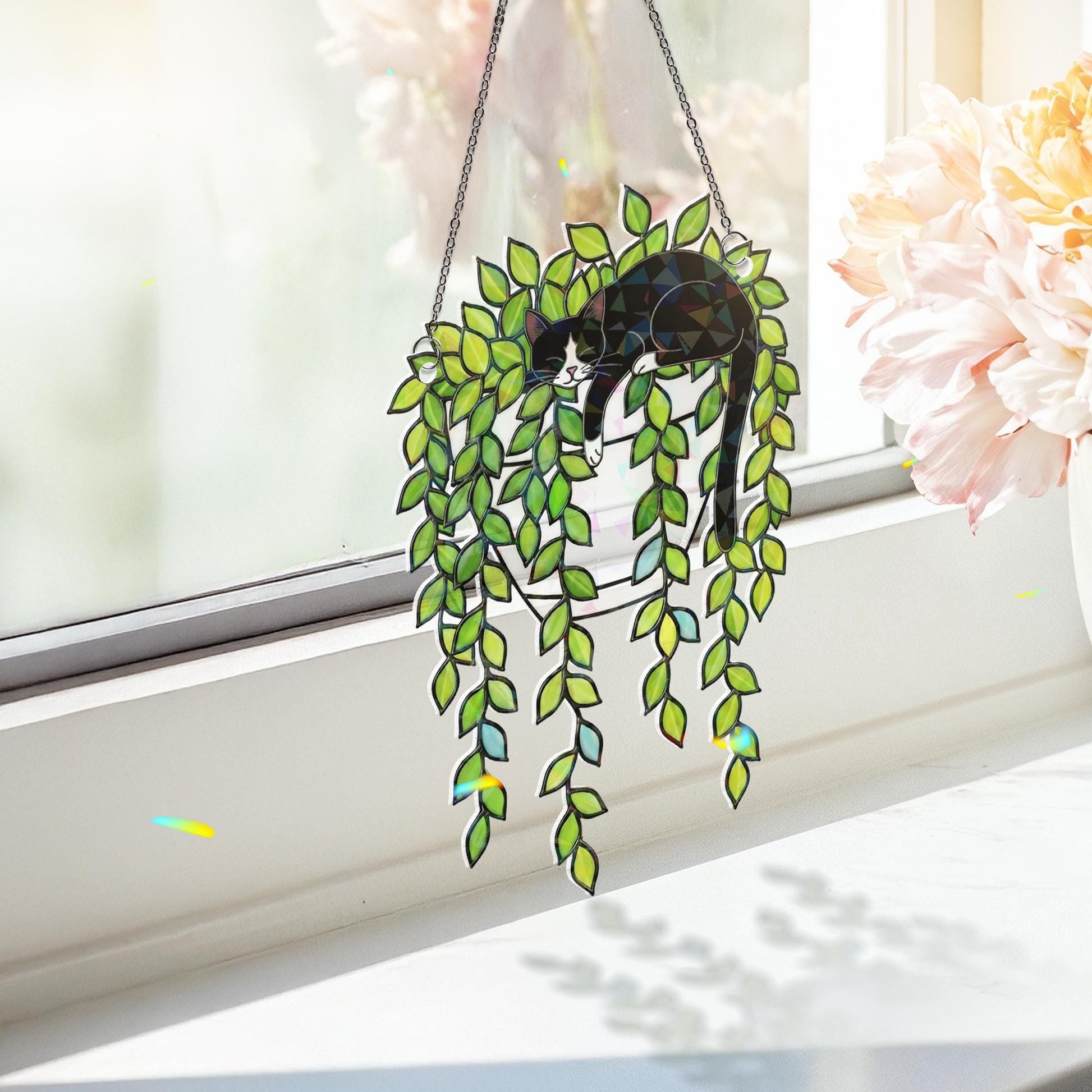 Tuxedo Cat Pothos Suncatcher – Holographic Window Hanging for Cat Lovers