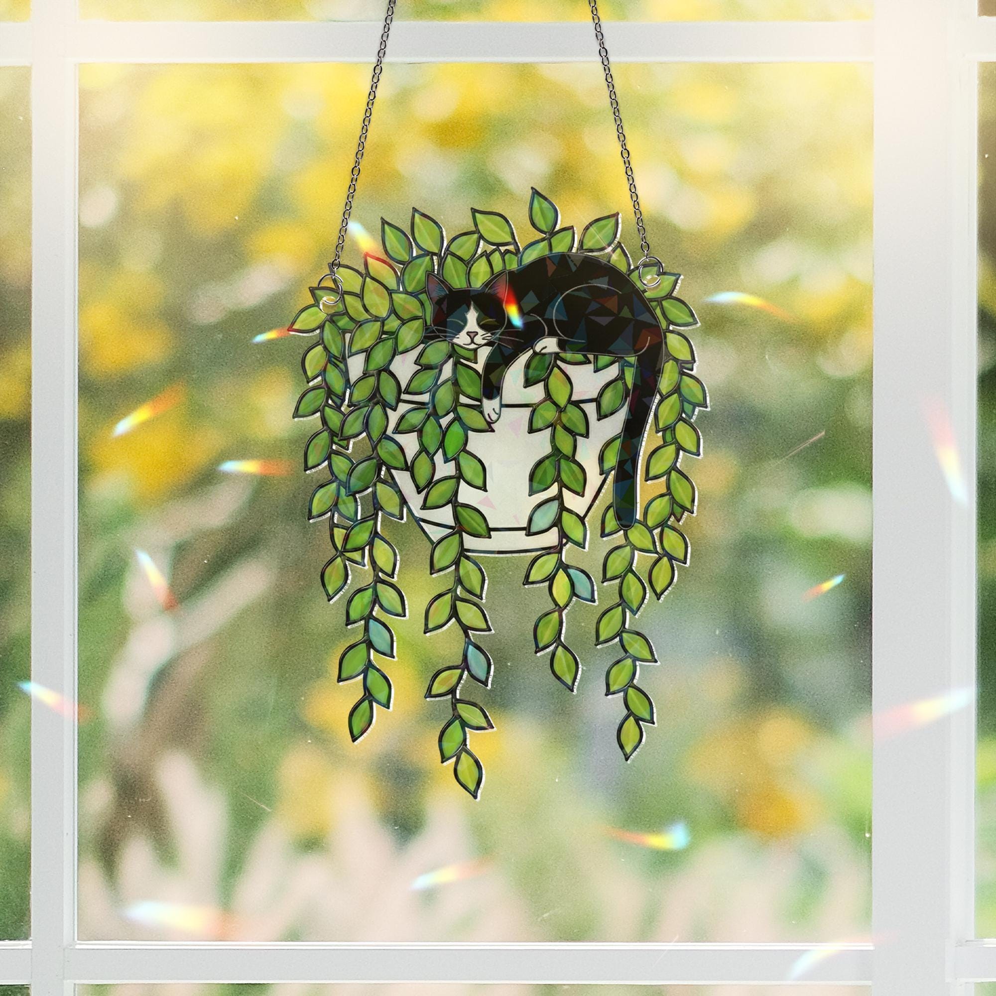 Tuxedo Cat Pothos Suncatcher – Holographic Window Hanging for Cat Lovers