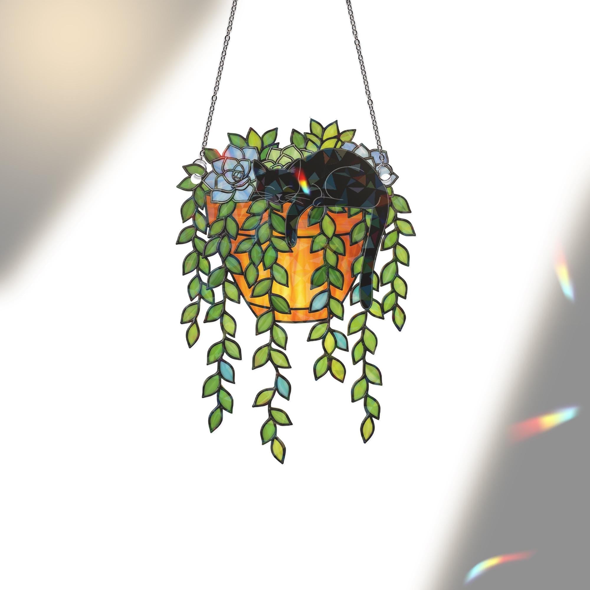 Black Cat Succulent Suncatcher – Holographic Window Decor for Cat Lovers