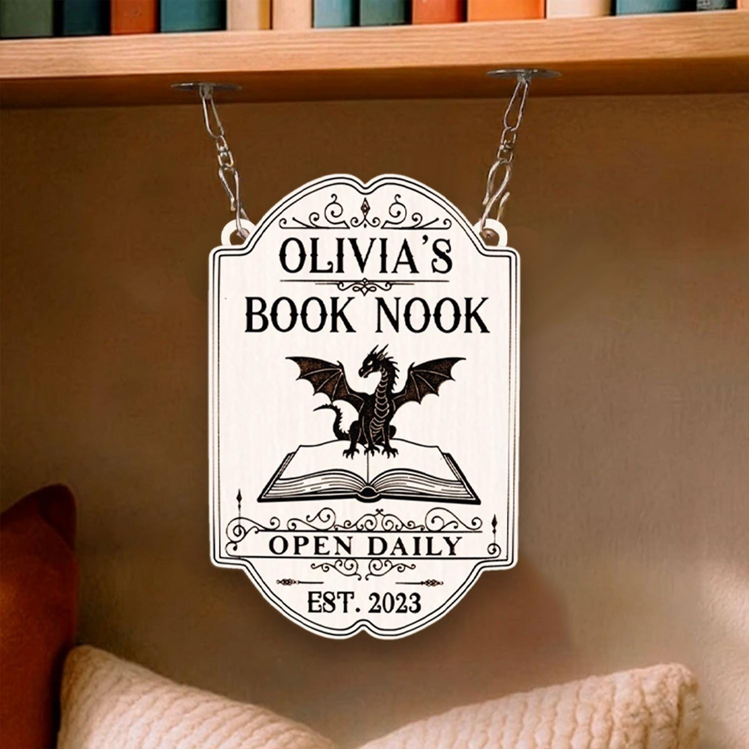 Custom Wooden Bookshelf Sign Personalized Book Nook Hanging Library Decor