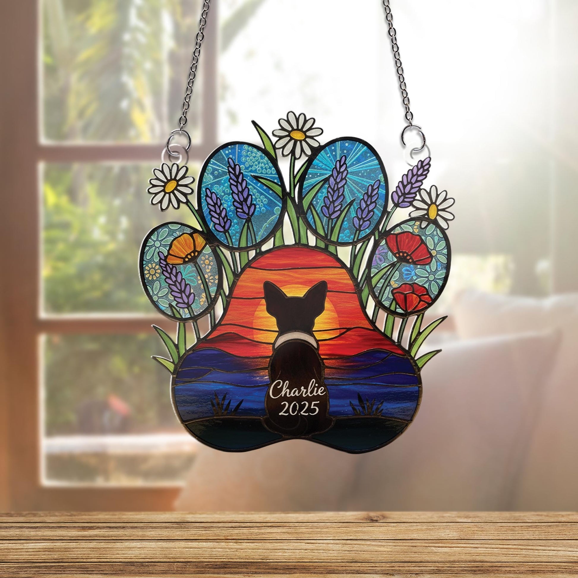 Acrylic Suncatcher: Personalized Dog Silhouette Paw Print Floral Remembrance