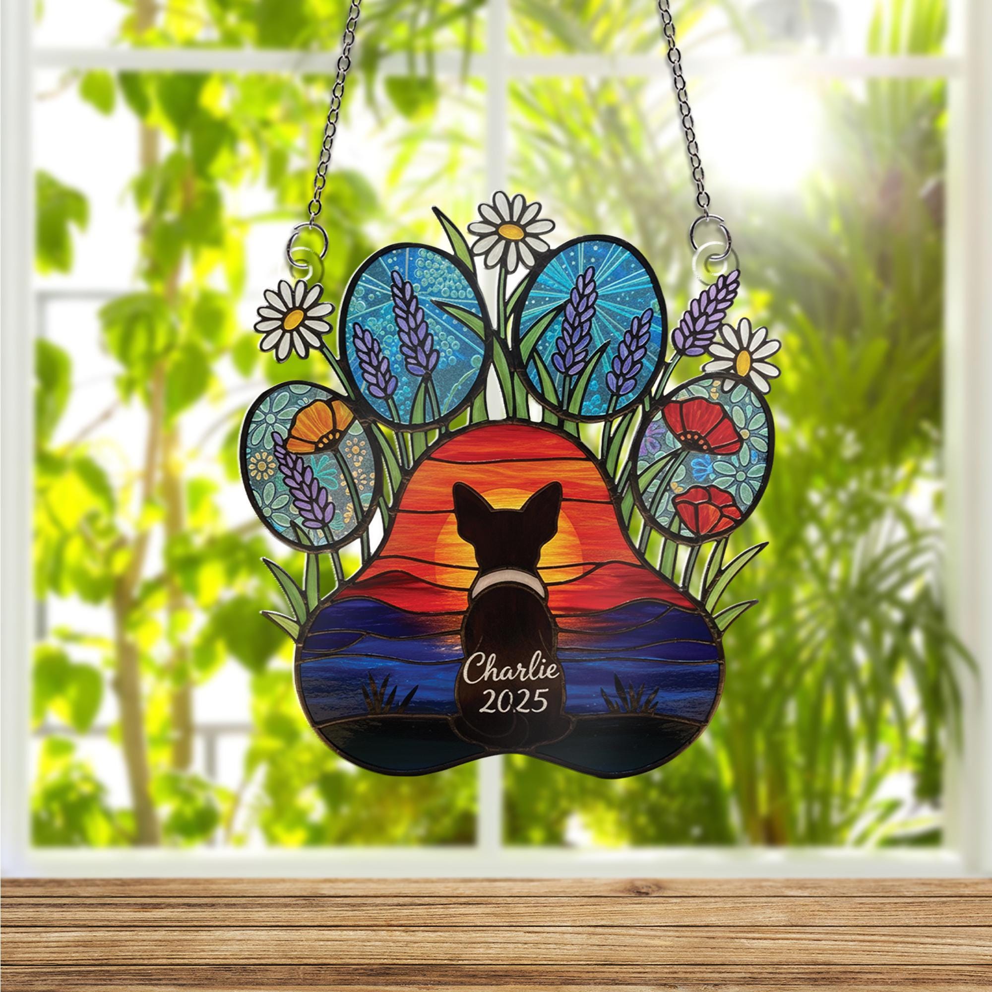 Acrylic Suncatcher: Personalized Dog Silhouette Paw Print Floral Remembrance