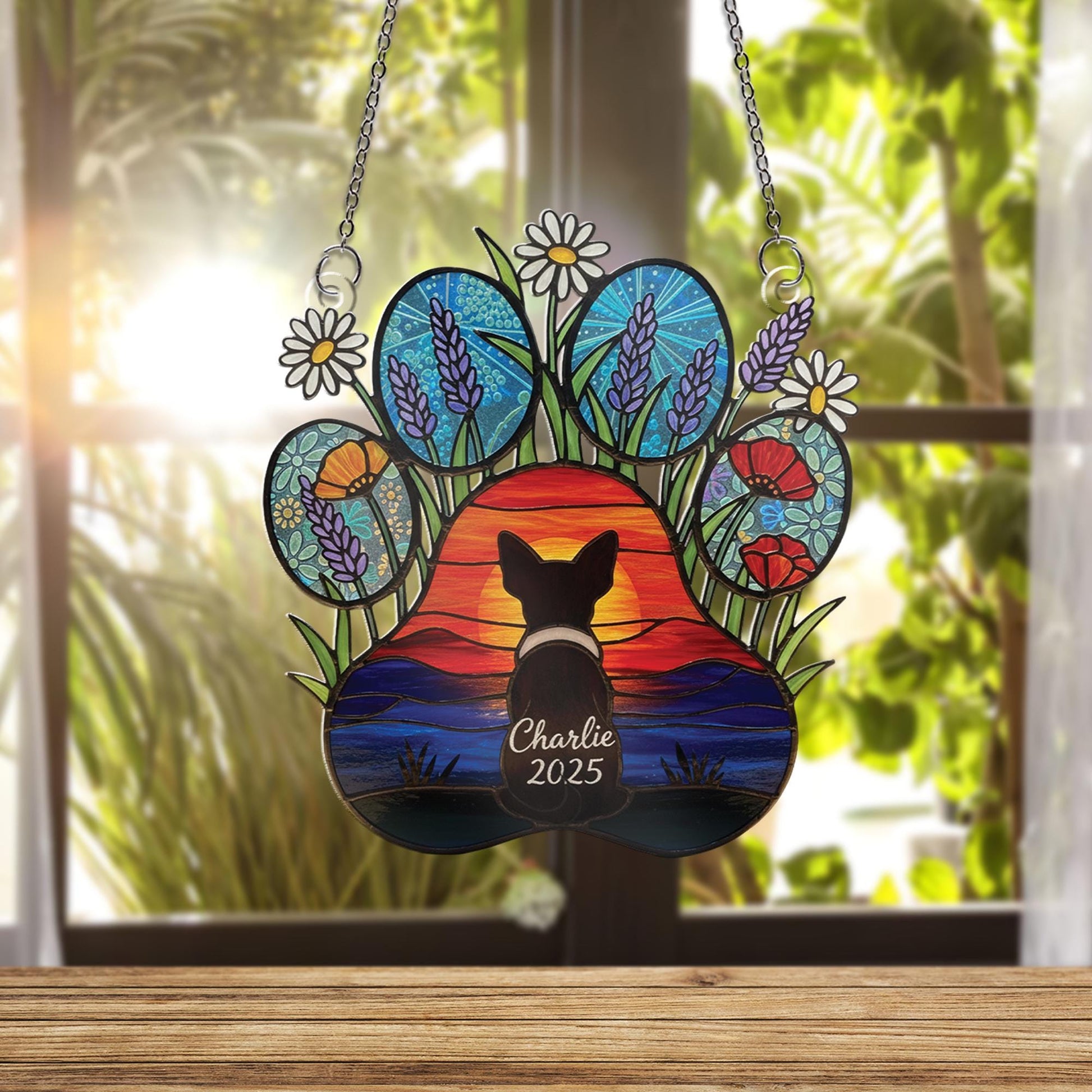 Acrylic Suncatcher: Personalized Dog Silhouette Paw Print Floral Remembrance