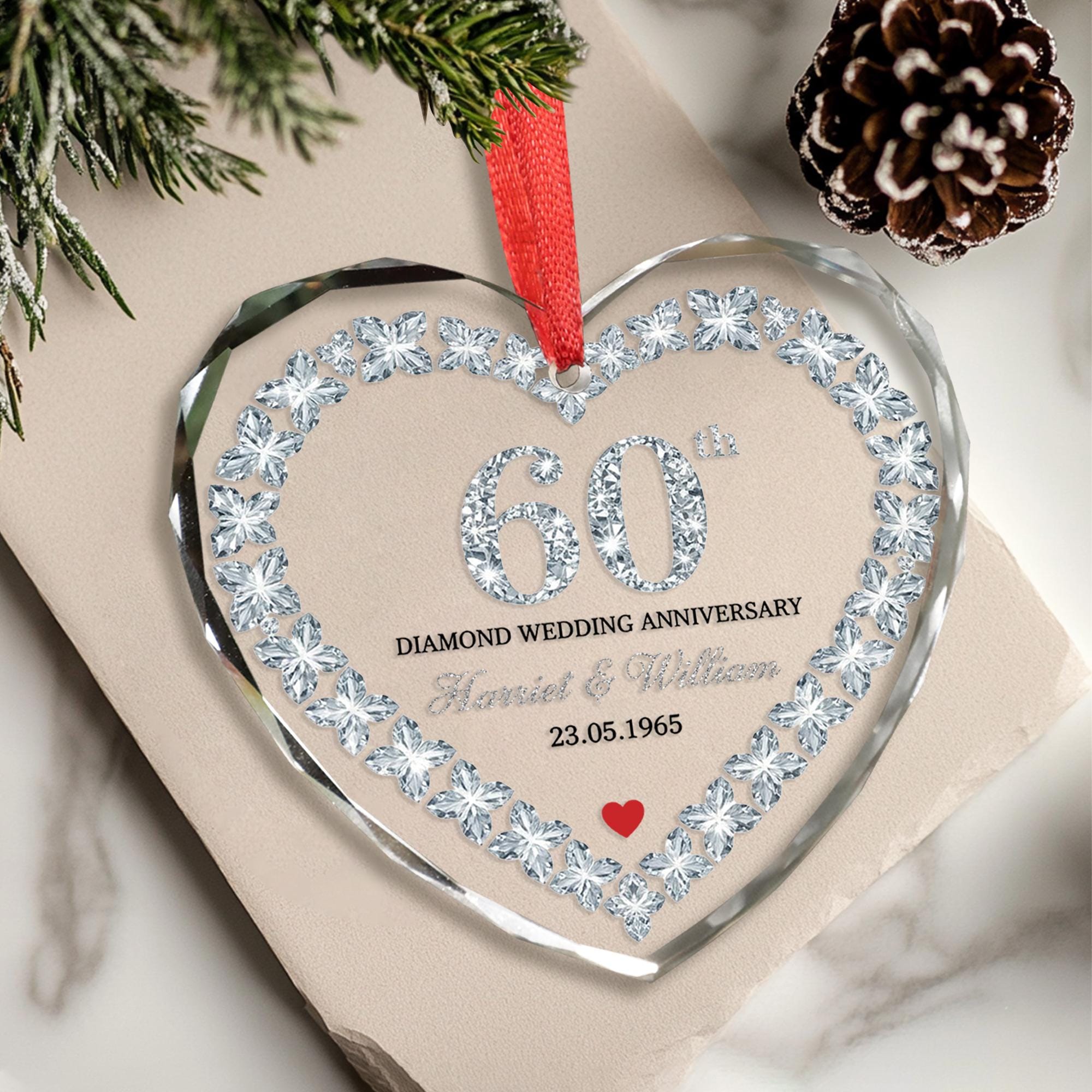 Personalized 60th Anniversary Heart Crystal Ornament – Wedding Glass Keepsake