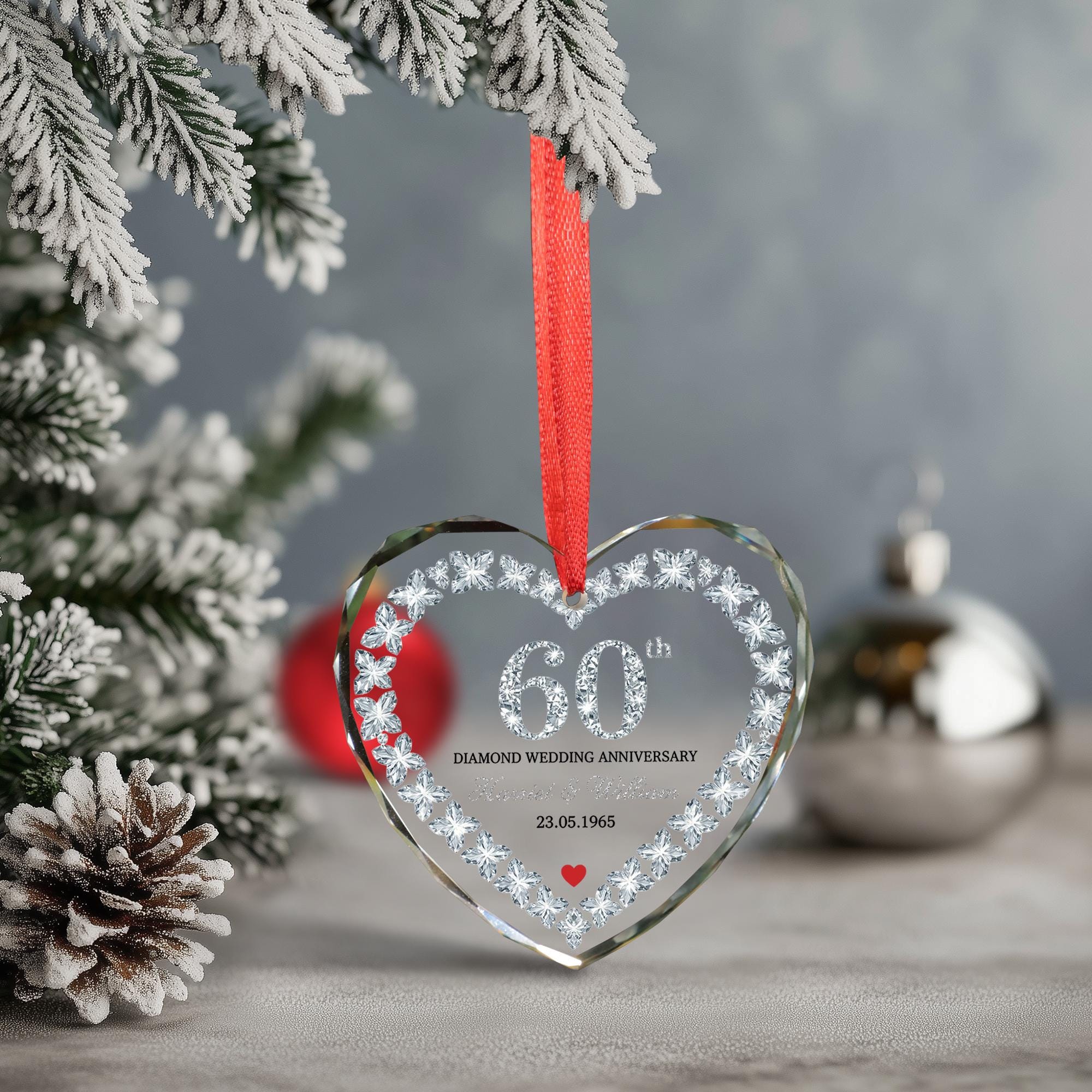 Personalized 60th Anniversary Heart Crystal Ornament – Wedding Glass Keepsake