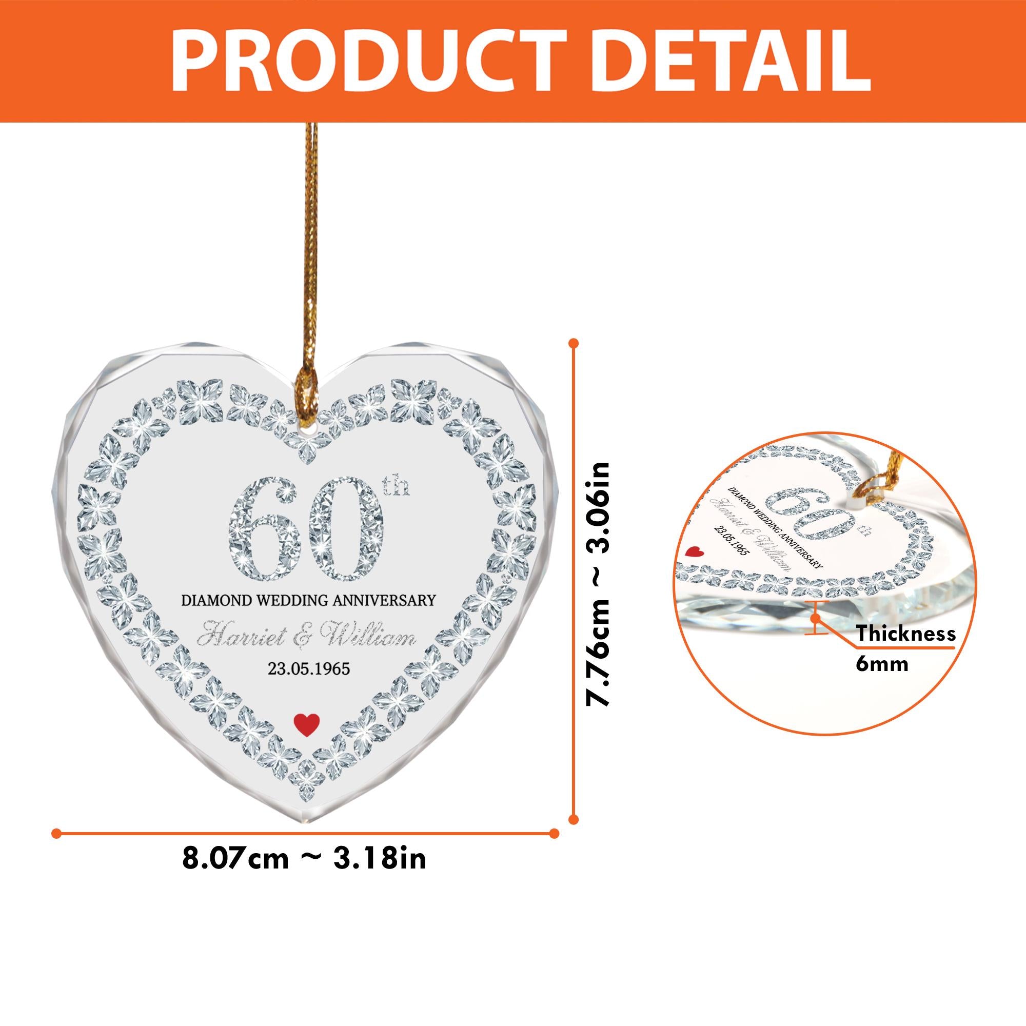 Personalized 60th Anniversary Heart Crystal Ornament – Wedding Glass Keepsake