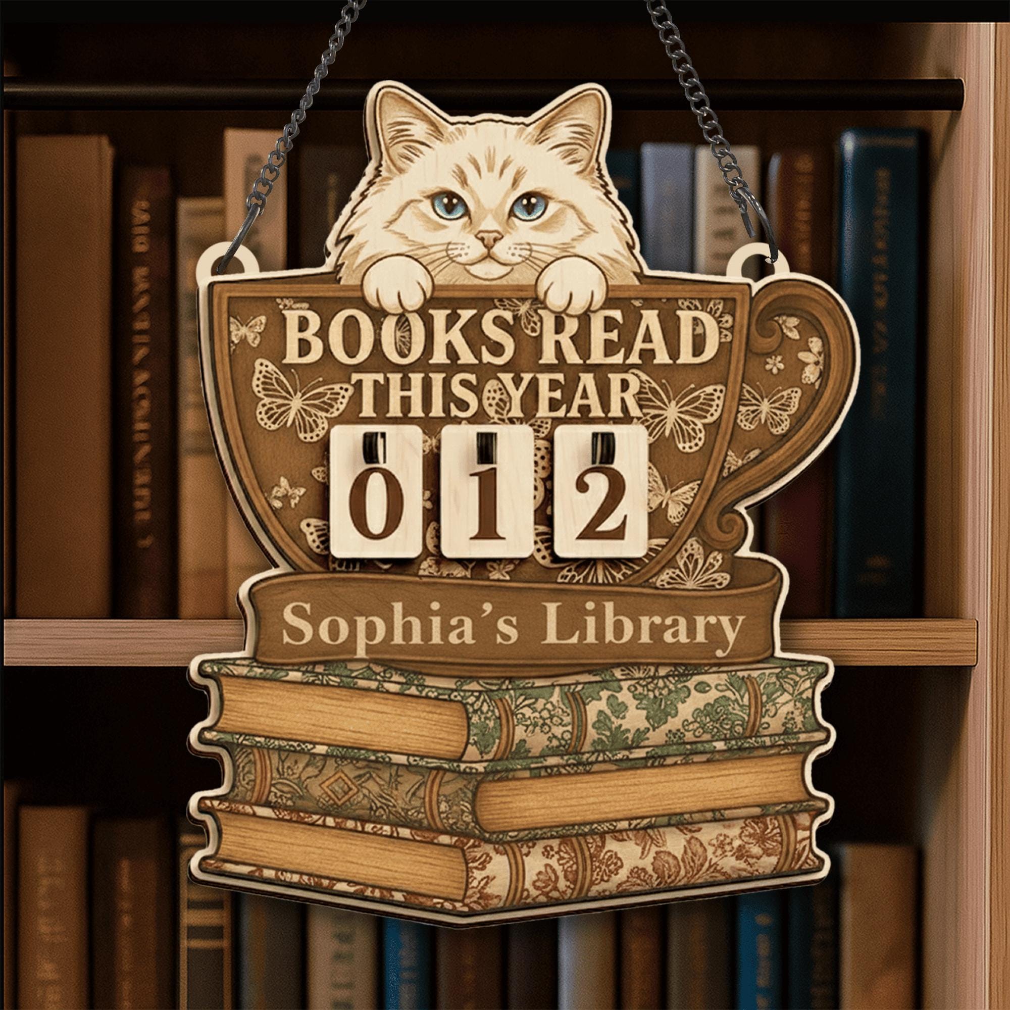 Custom Cat Book Tracker Sign – Personalized Reading Tracker Library Decor