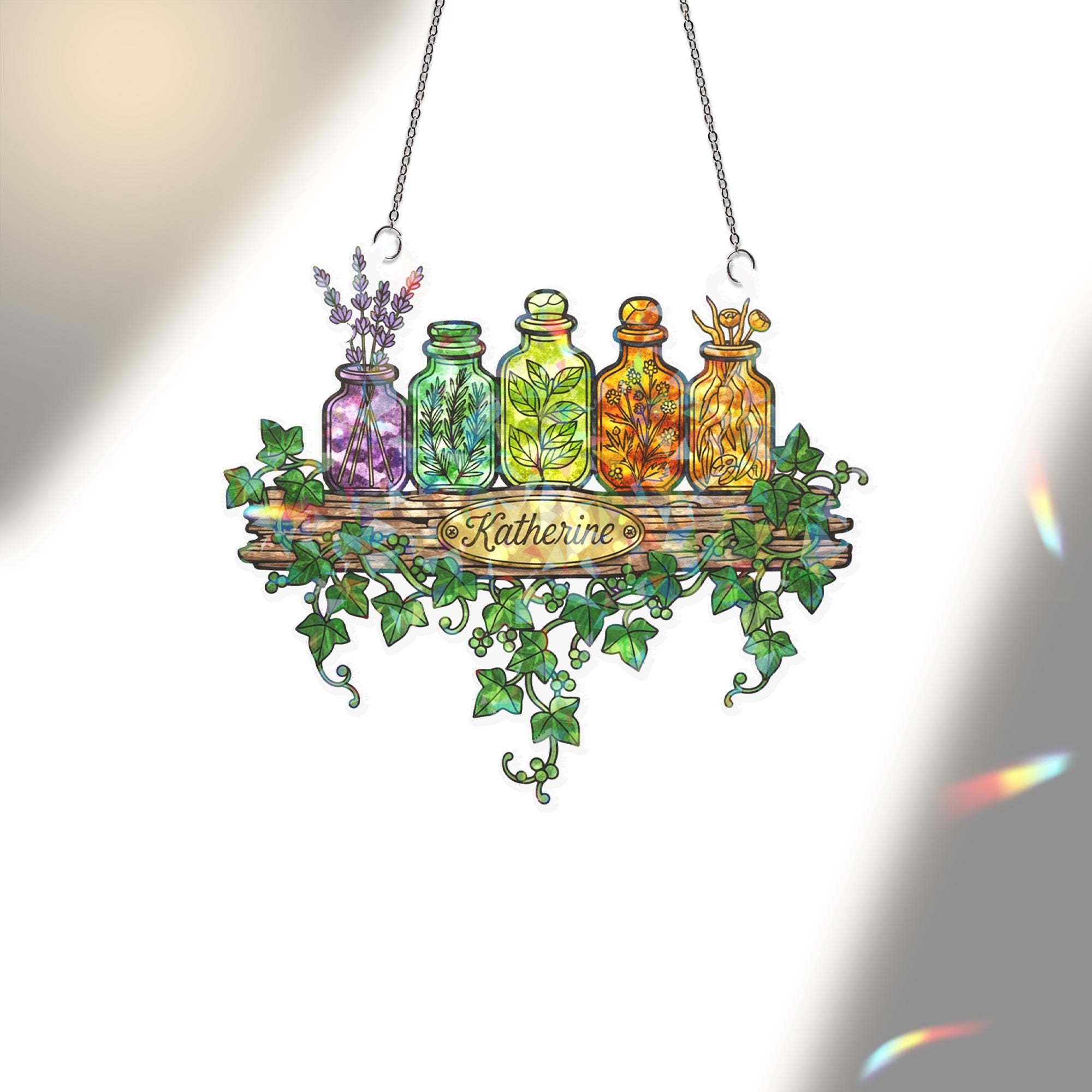 Herb Jar Acrylic Suncatcher, Custom Name Window Hanging with Botanical Shelf Design