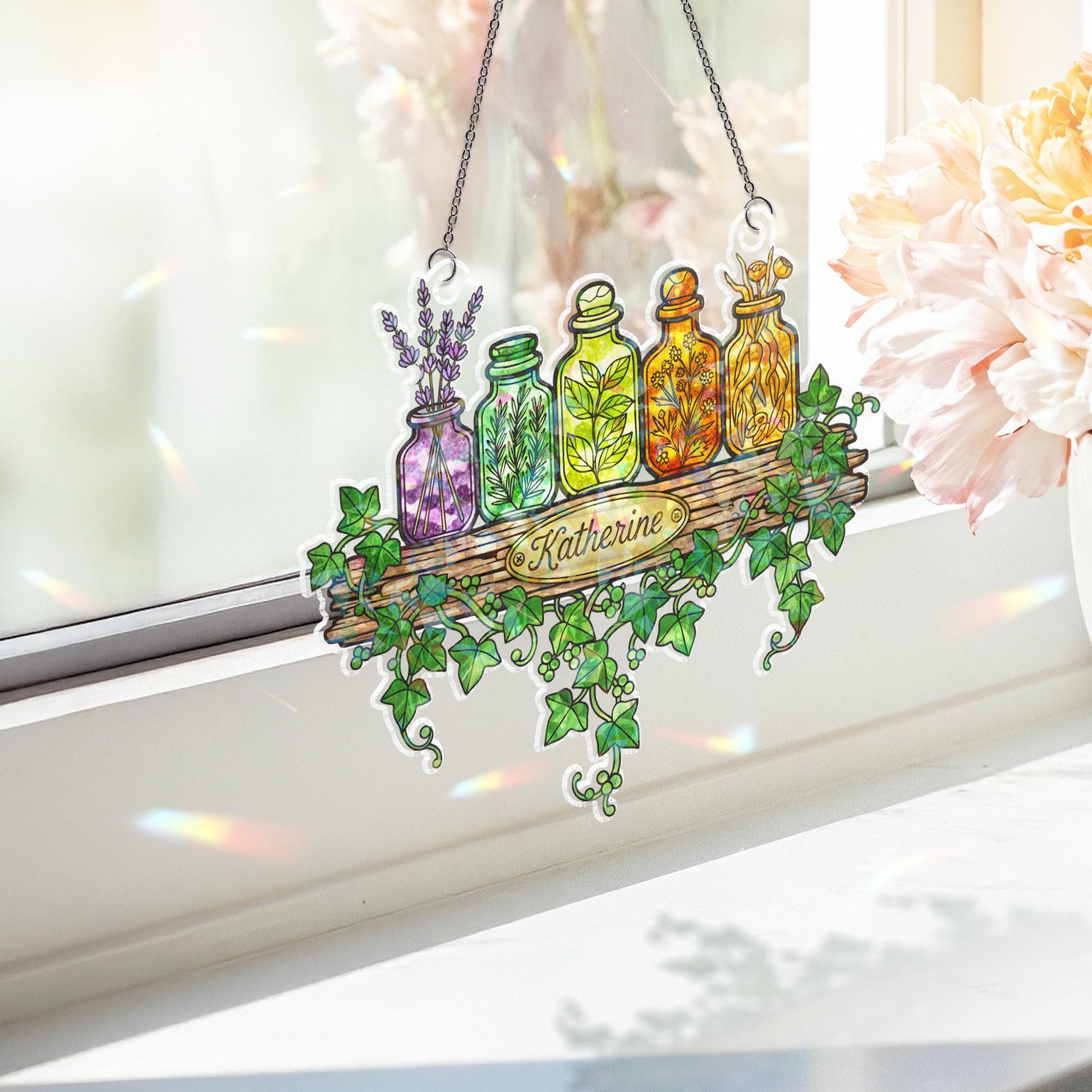 Herb Jar Acrylic Suncatcher, Custom Name Window Hanging with Botanical Shelf Design