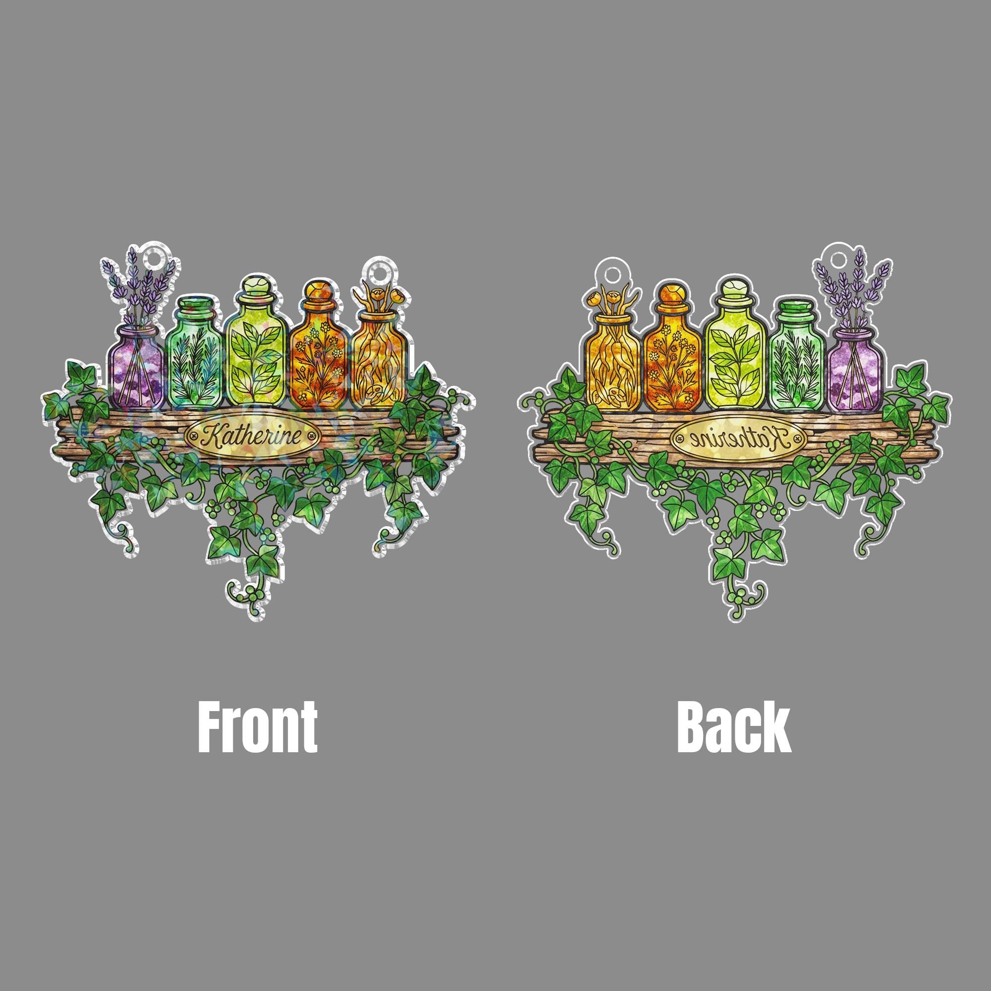 Herb Jar Acrylic Suncatcher, Custom Name Window Hanging with Botanical Shelf Design