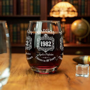 Custom Birth Year Wine Glass, Personalized Stemless Glass with Name and Age Design
