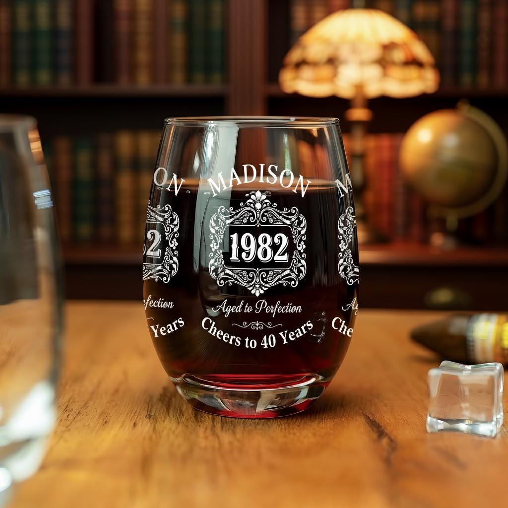 Custom Birth Year Wine Glass, Personalized Stemless Glass with Name and Age Design
