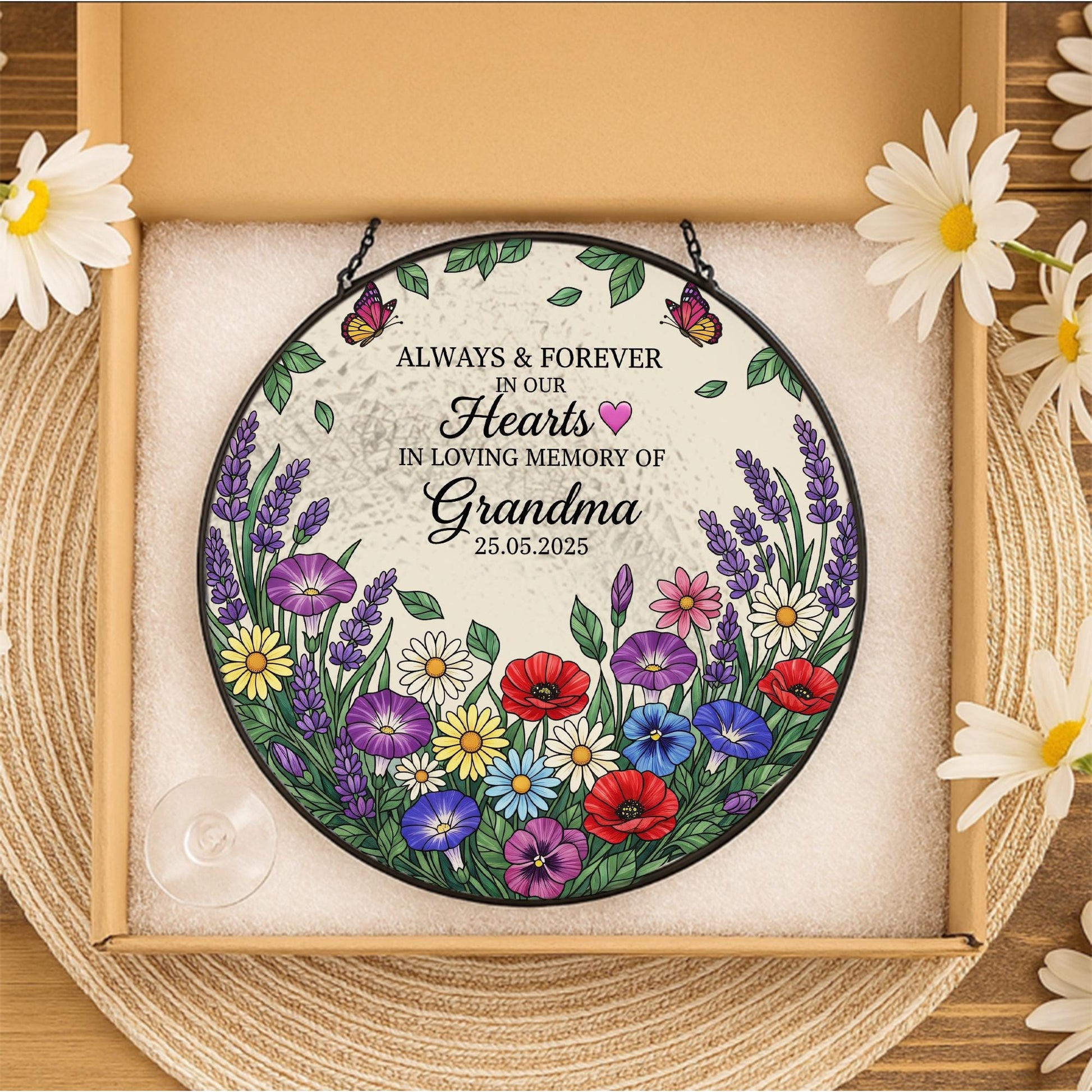 Personalized Flower Memorial Suncatcher – Round Glass Keepsake