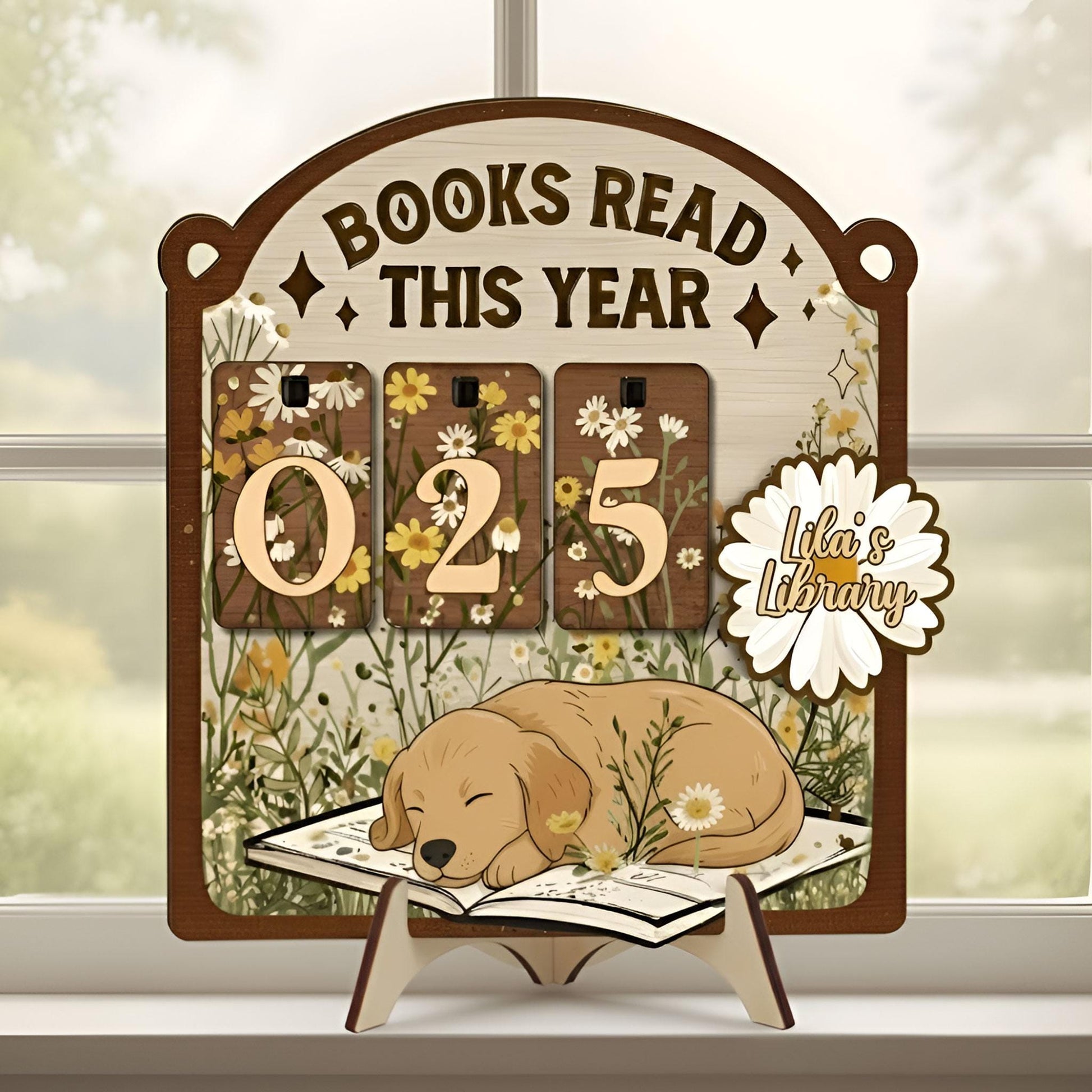 Floral Golden Retriever Books Read Tracker: Personalized Wooden Sign