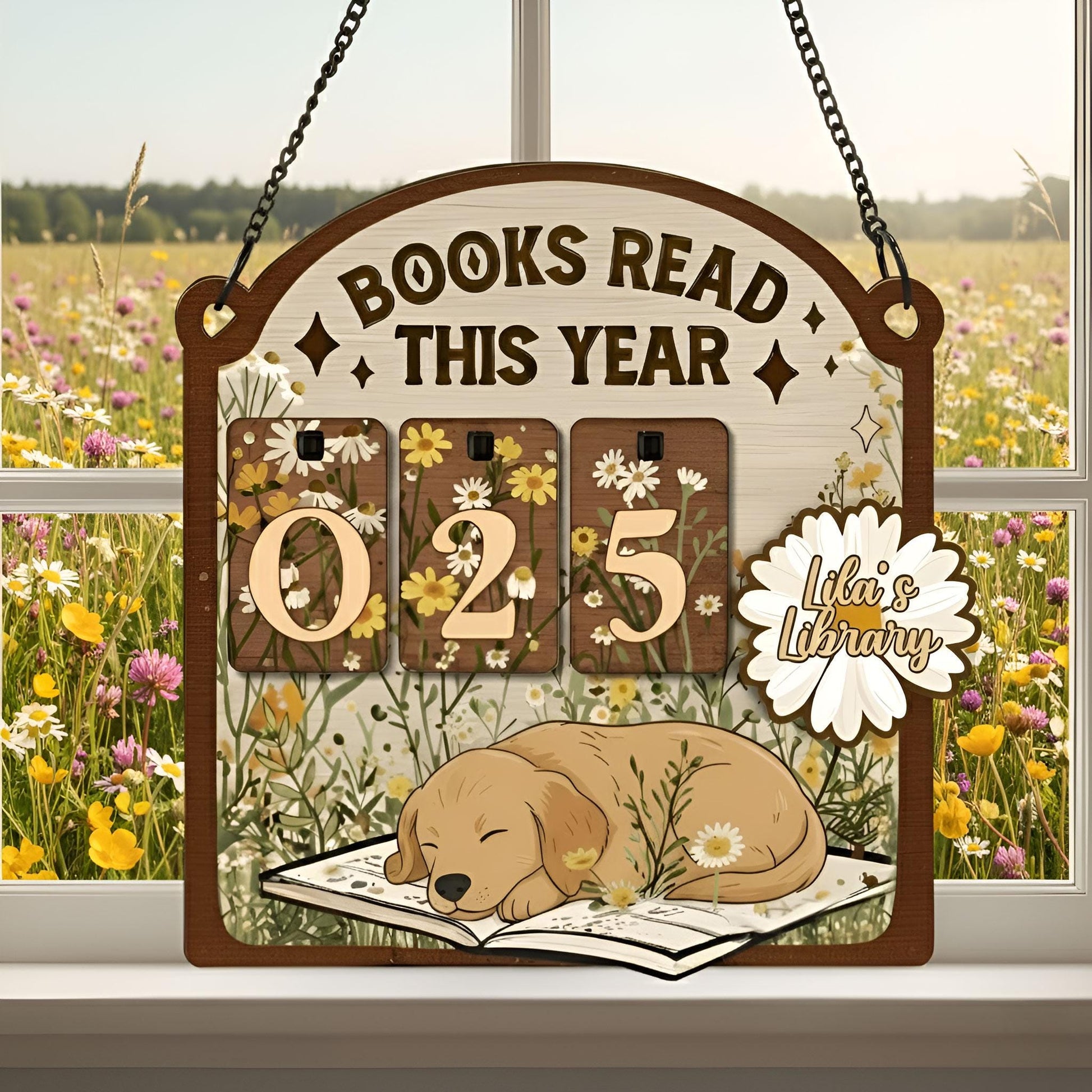 Floral Golden Retriever Books Read Tracker: Personalized Wooden Sign