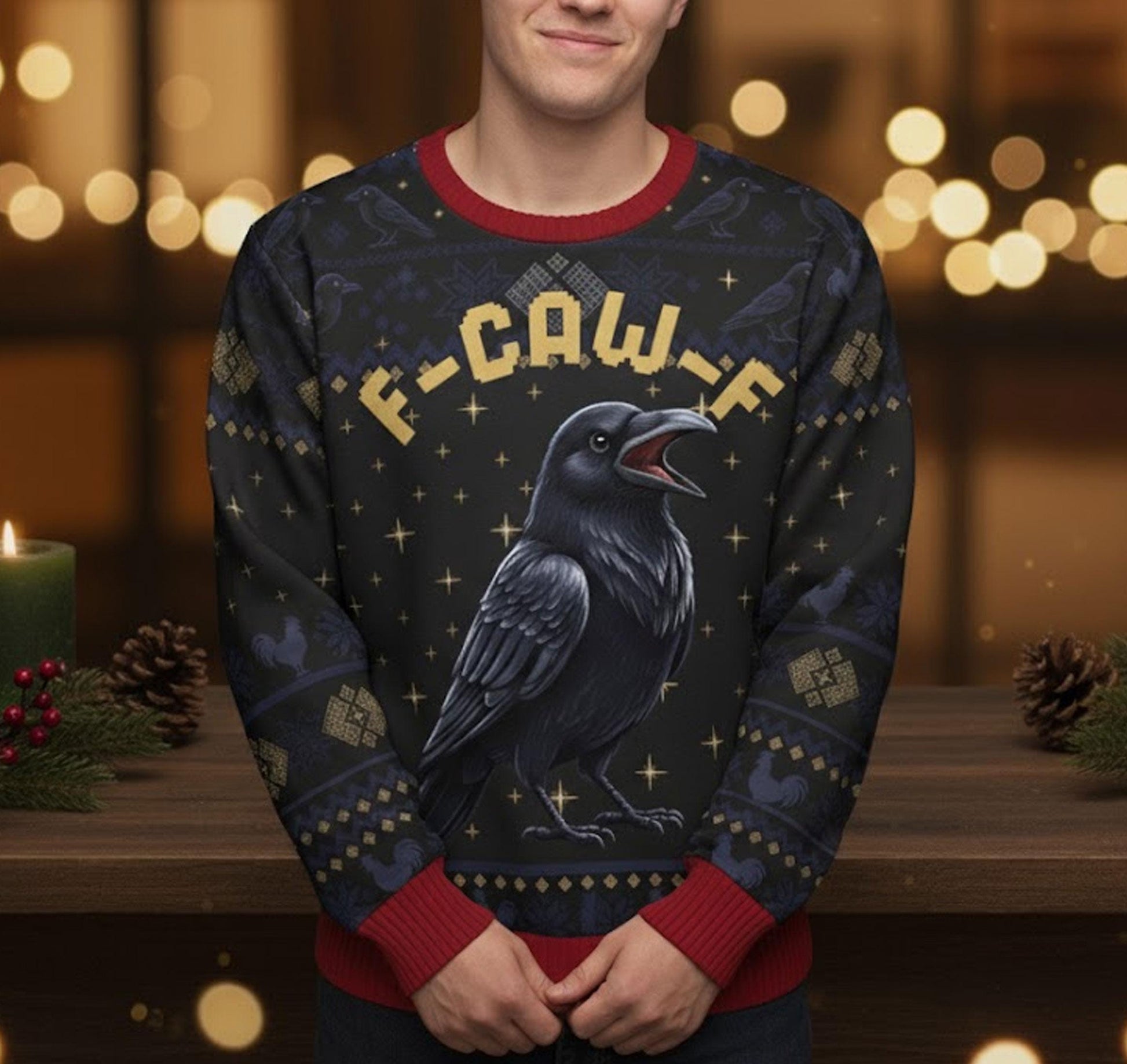 Funny Crow Christmas Sweater: F-Caw-F All-Over Print Knit Pullover, Gothic Holiday Humor