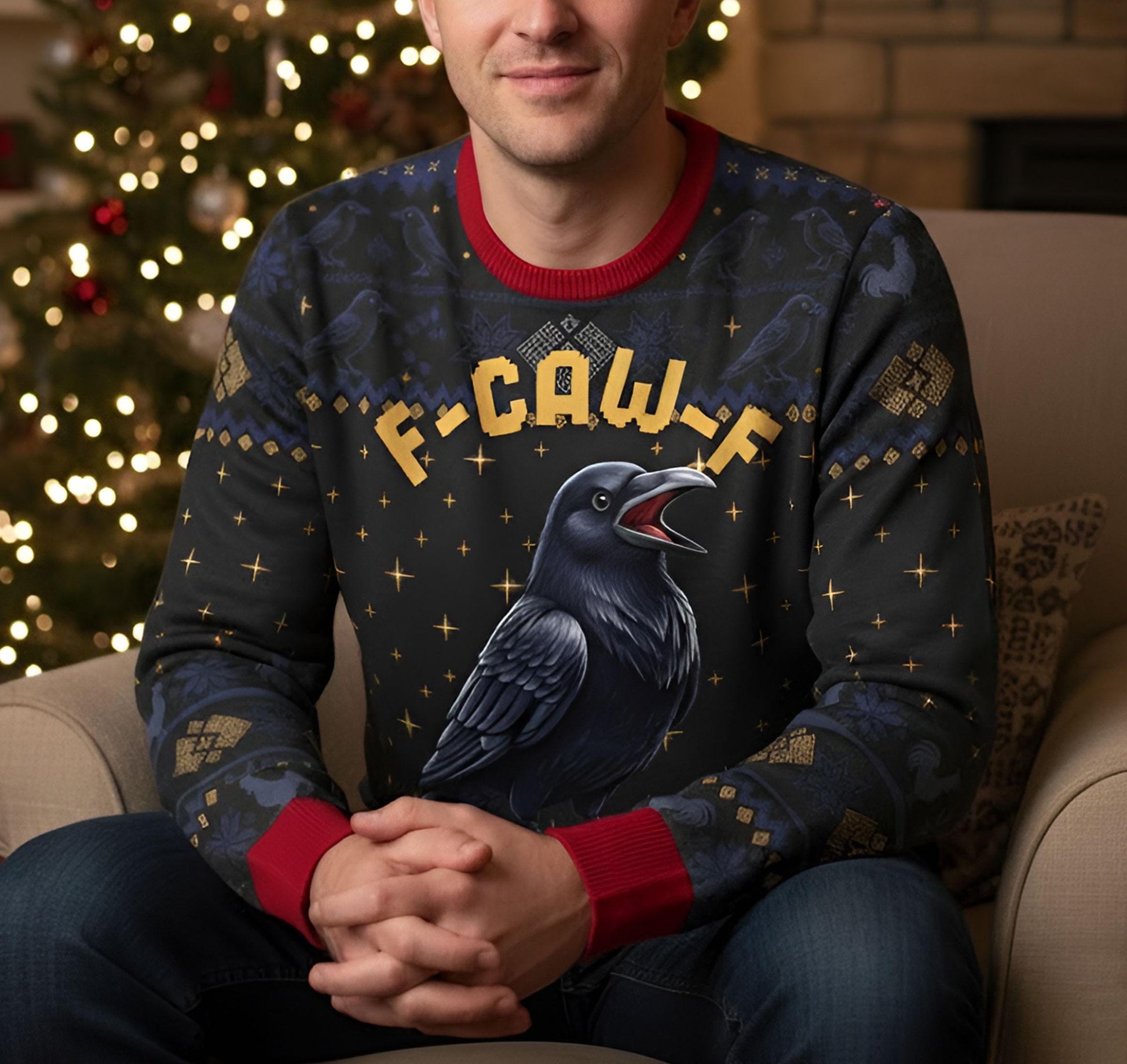 Funny Crow Christmas Sweater: F-Caw-F All-Over Print Knit Pullover, Gothic Holiday Humor