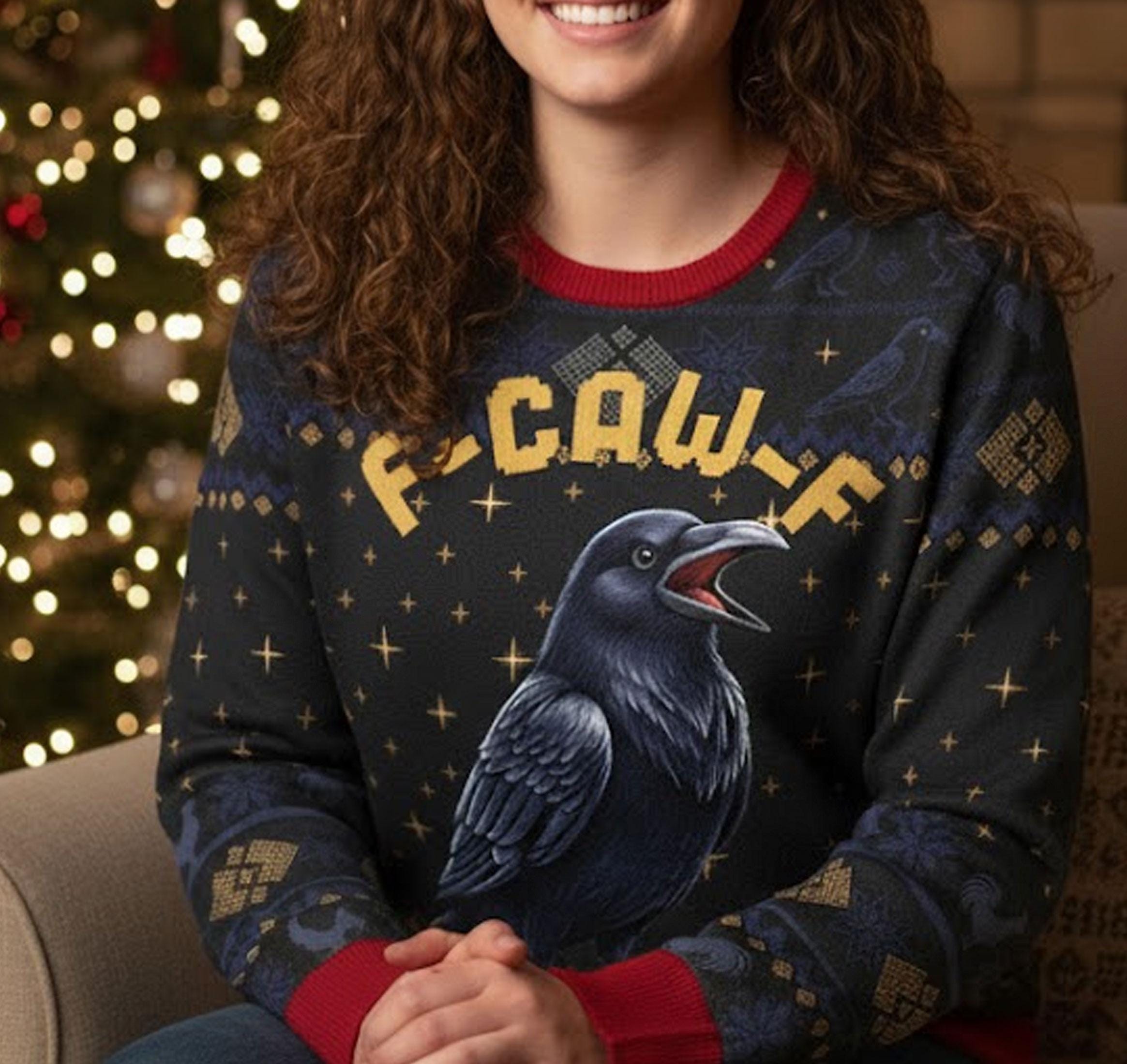 Funny Crow Christmas Sweater: F-Caw-F All-Over Print Knit Pullover, Gothic Holiday Humor