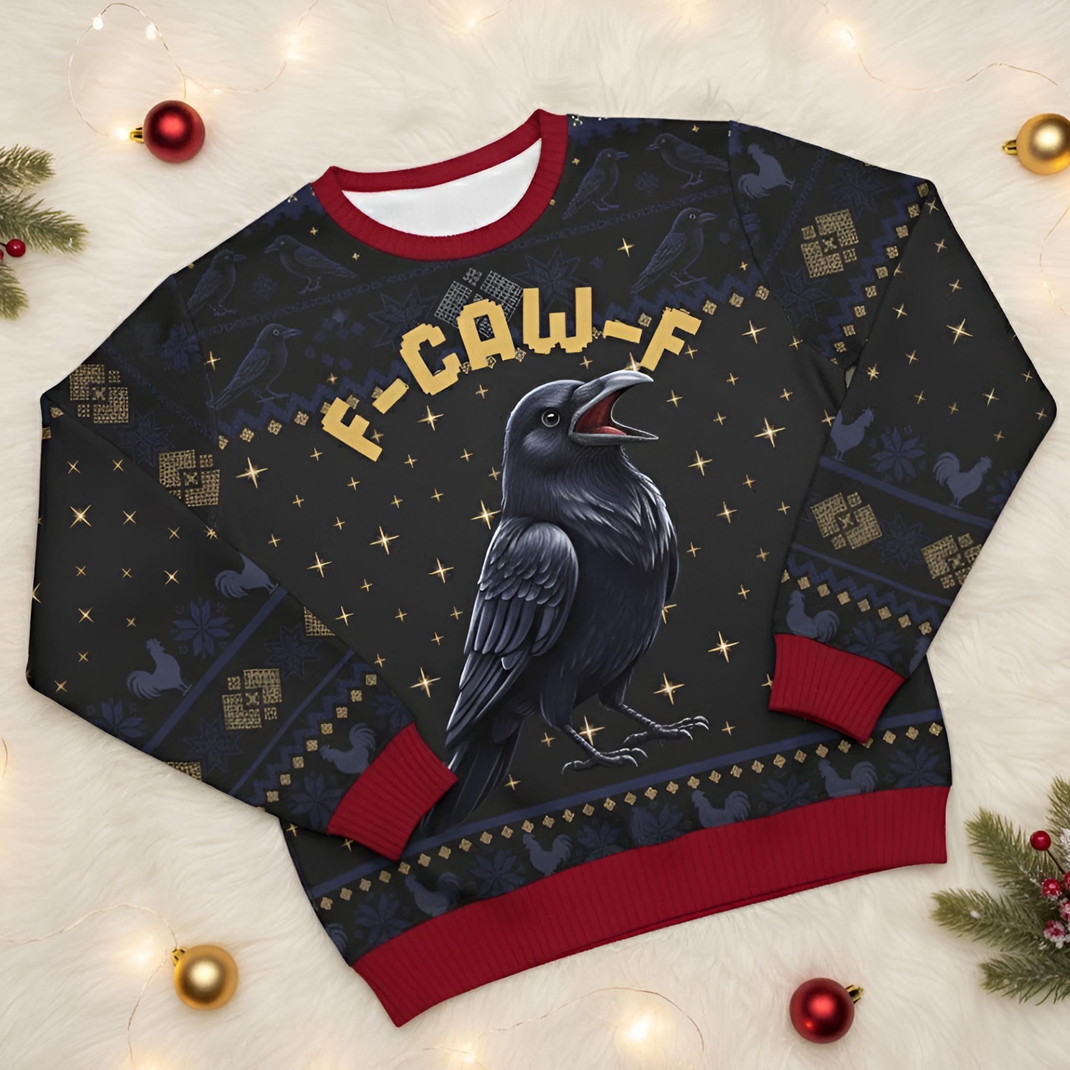 Funny Crow Christmas Sweater: F-Caw-F All-Over Print Knit Pullover, Gothic Holiday Humor