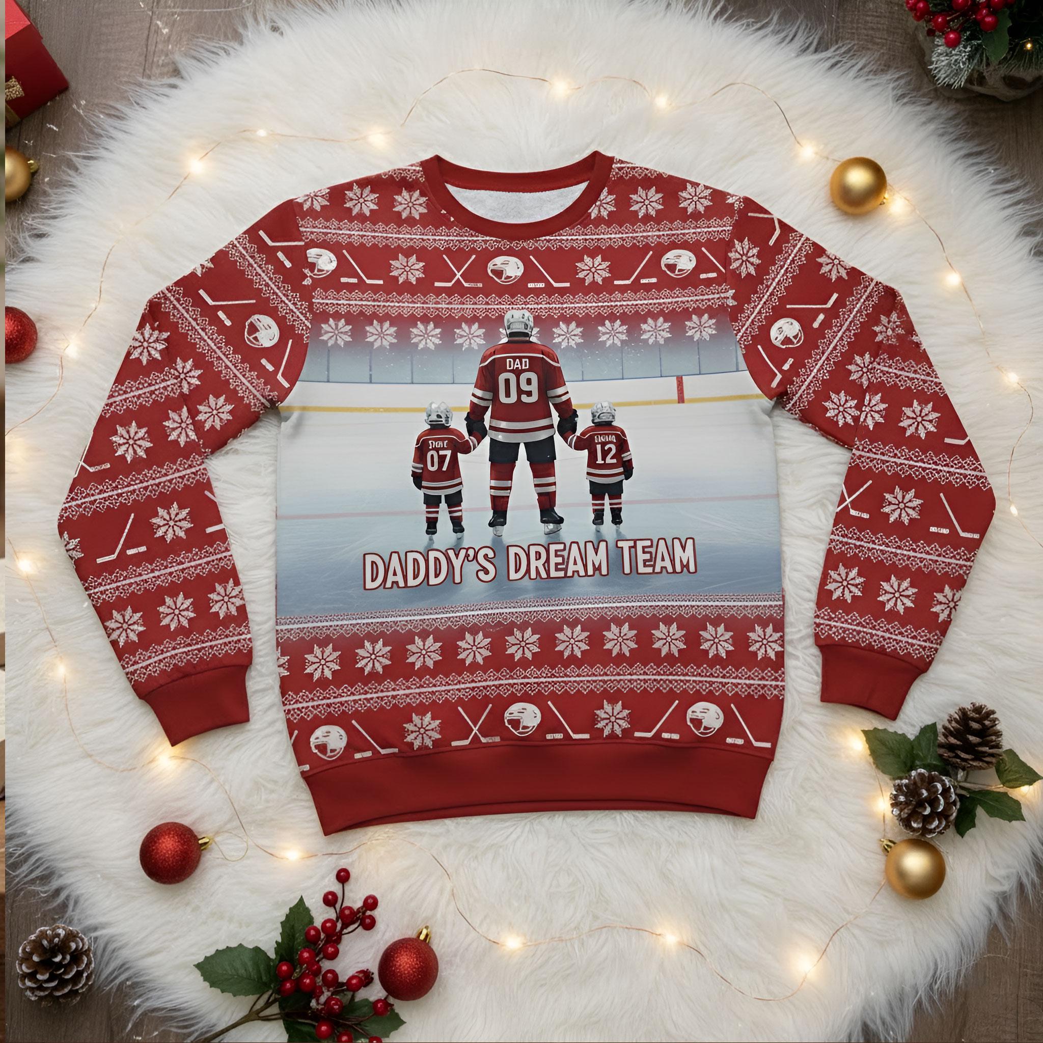Custom Ice Hockey Daddy’s Dream Team Sweater: All-Over Print Knit Pullover, Personalized Gift