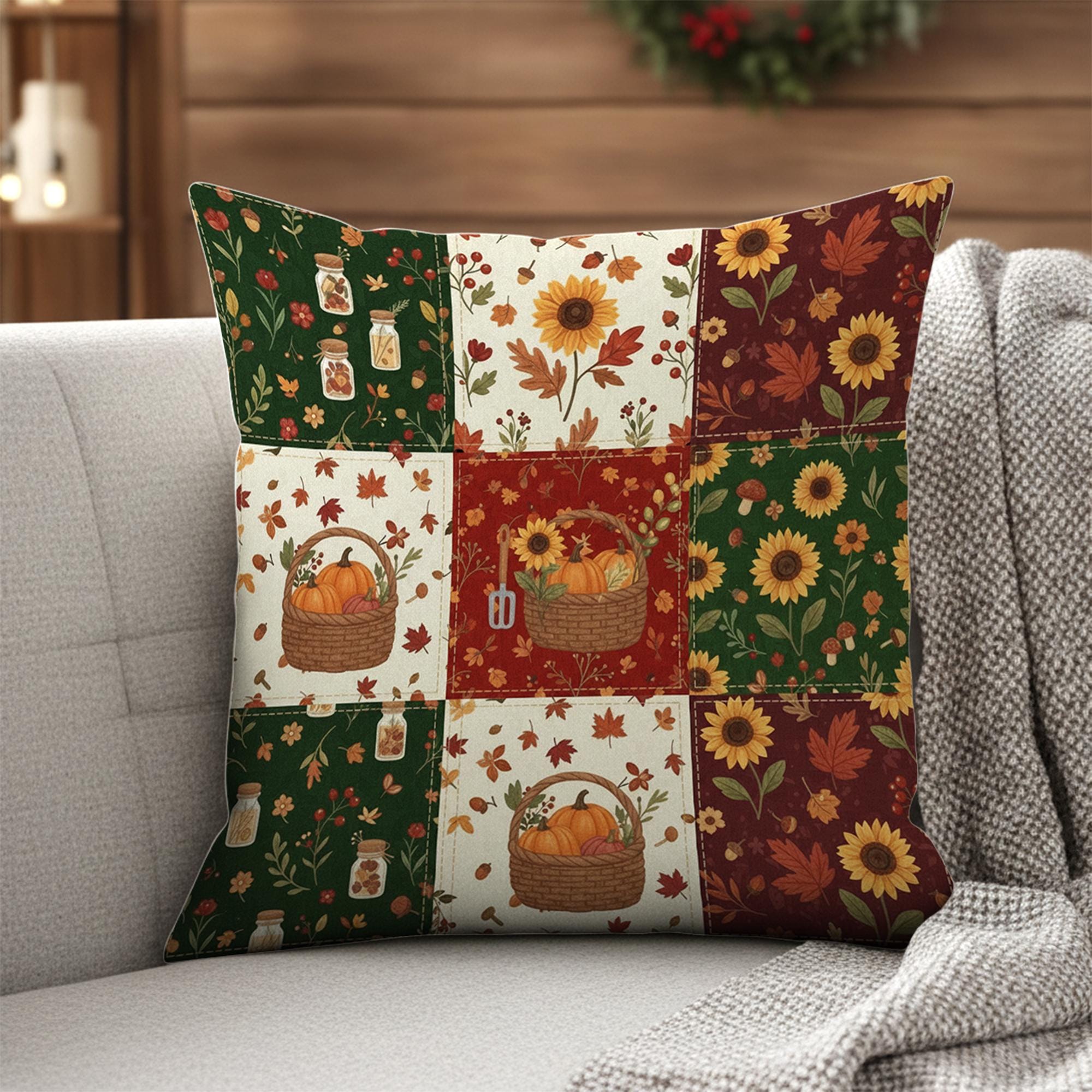 Autumn Patchwork style Pillow Sunflower Pumpkin Fall Decor
