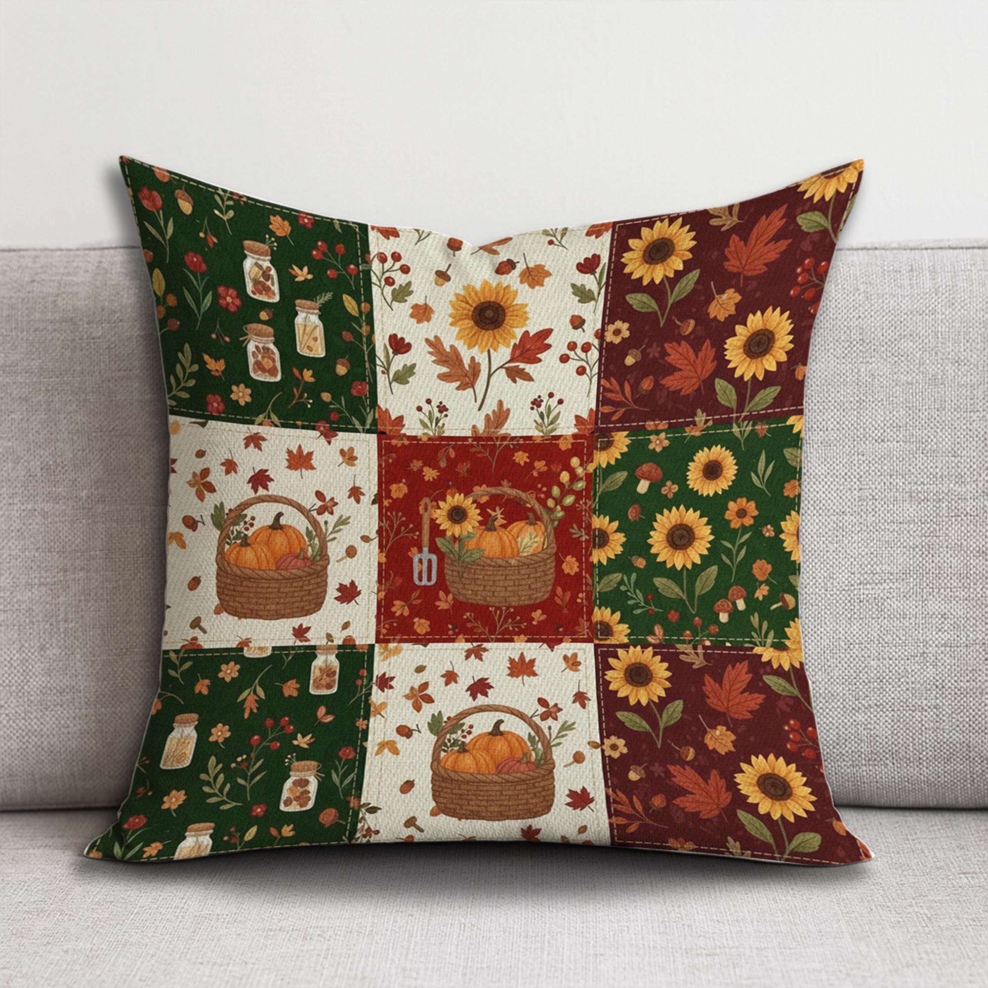 Autumn Patchwork style Pillow Sunflower Pumpkin Fall Decor
